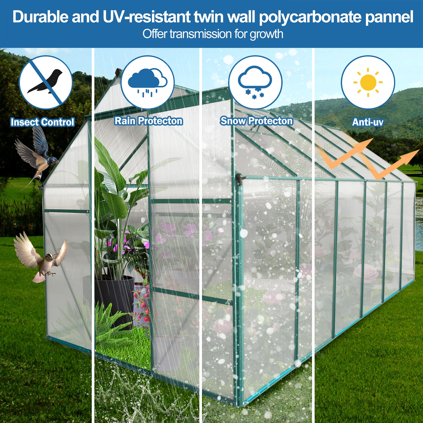 Durable twin wall polycarbonate greenhouse with insect control and rain protection