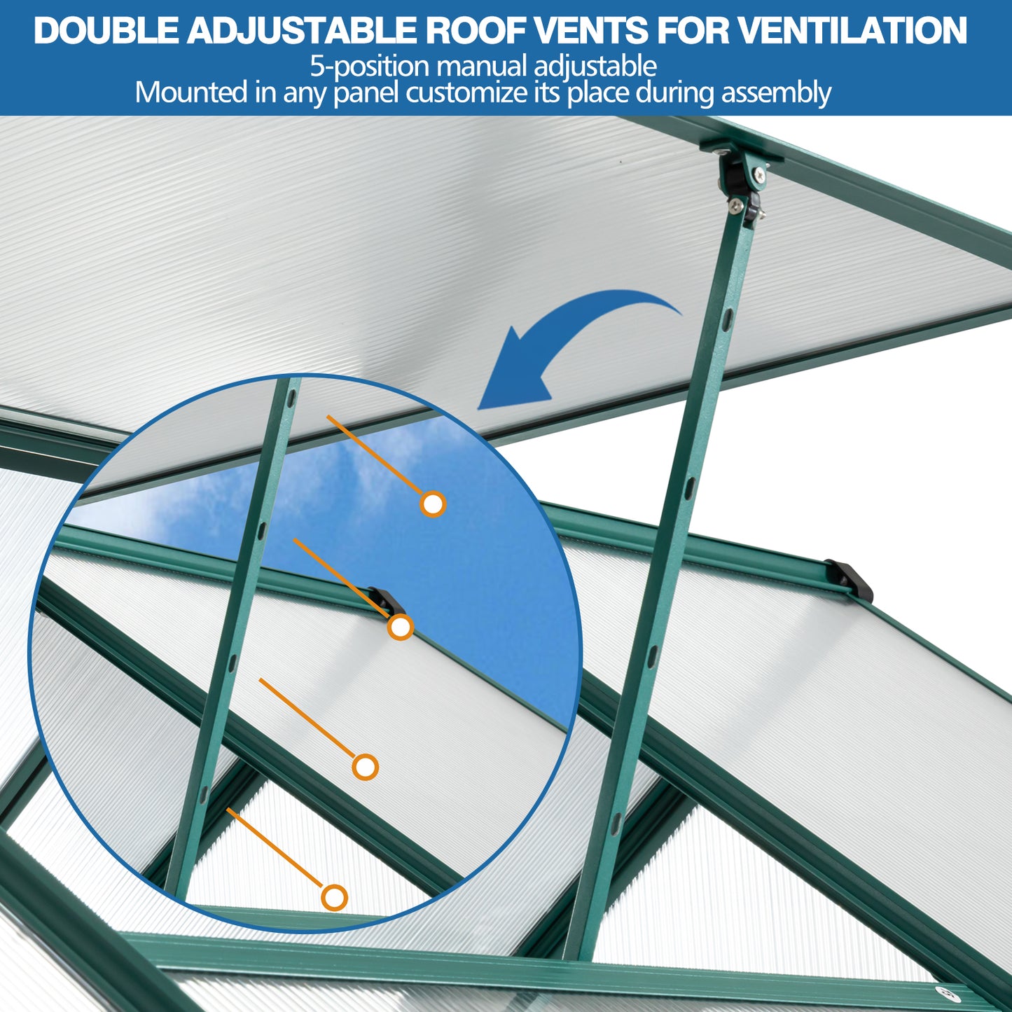 Green metal frame with adjustable roof vents for greenhouse ventilation Clear polycarbonate panels