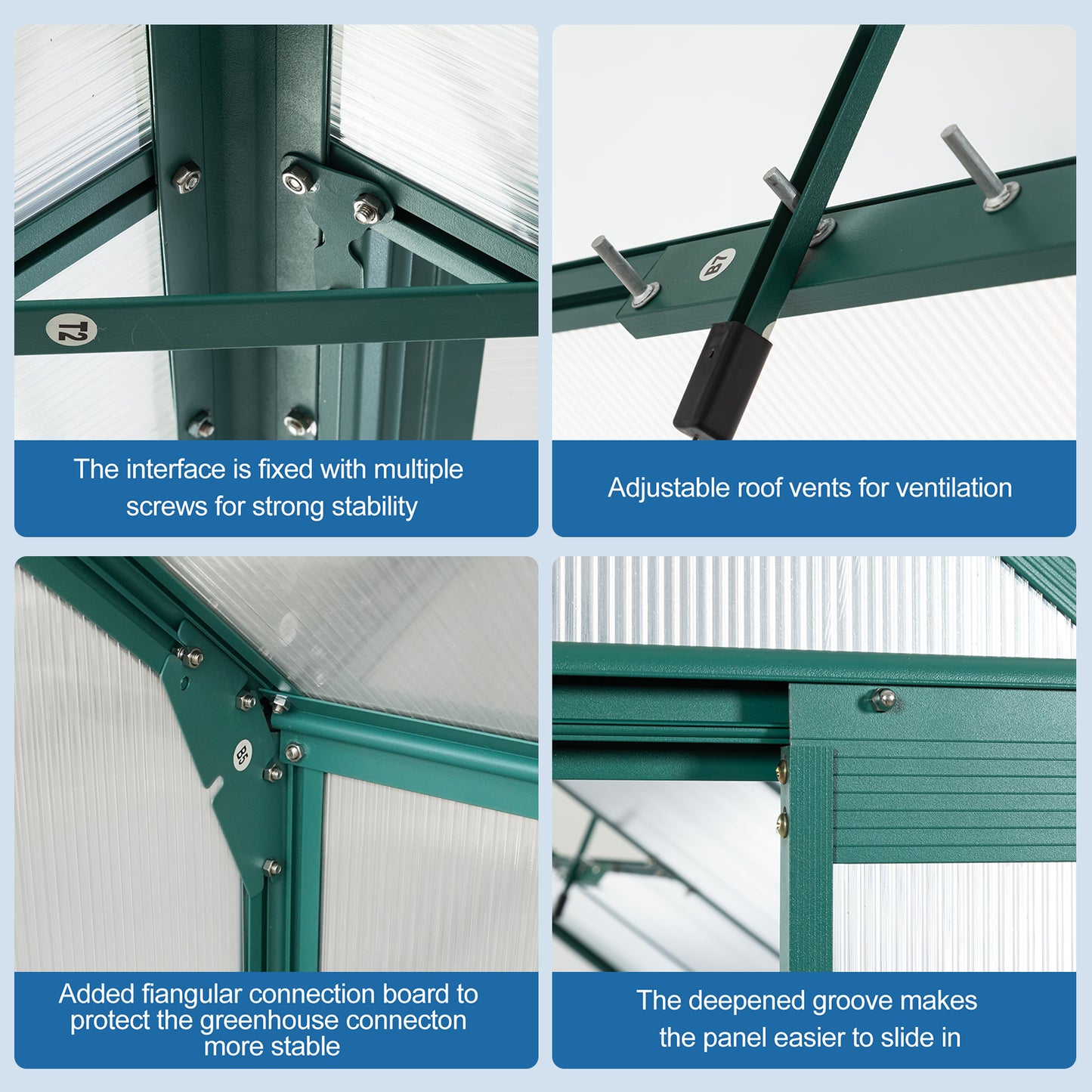 Green metal frame greenhouse with reinforced corner brackets for stability