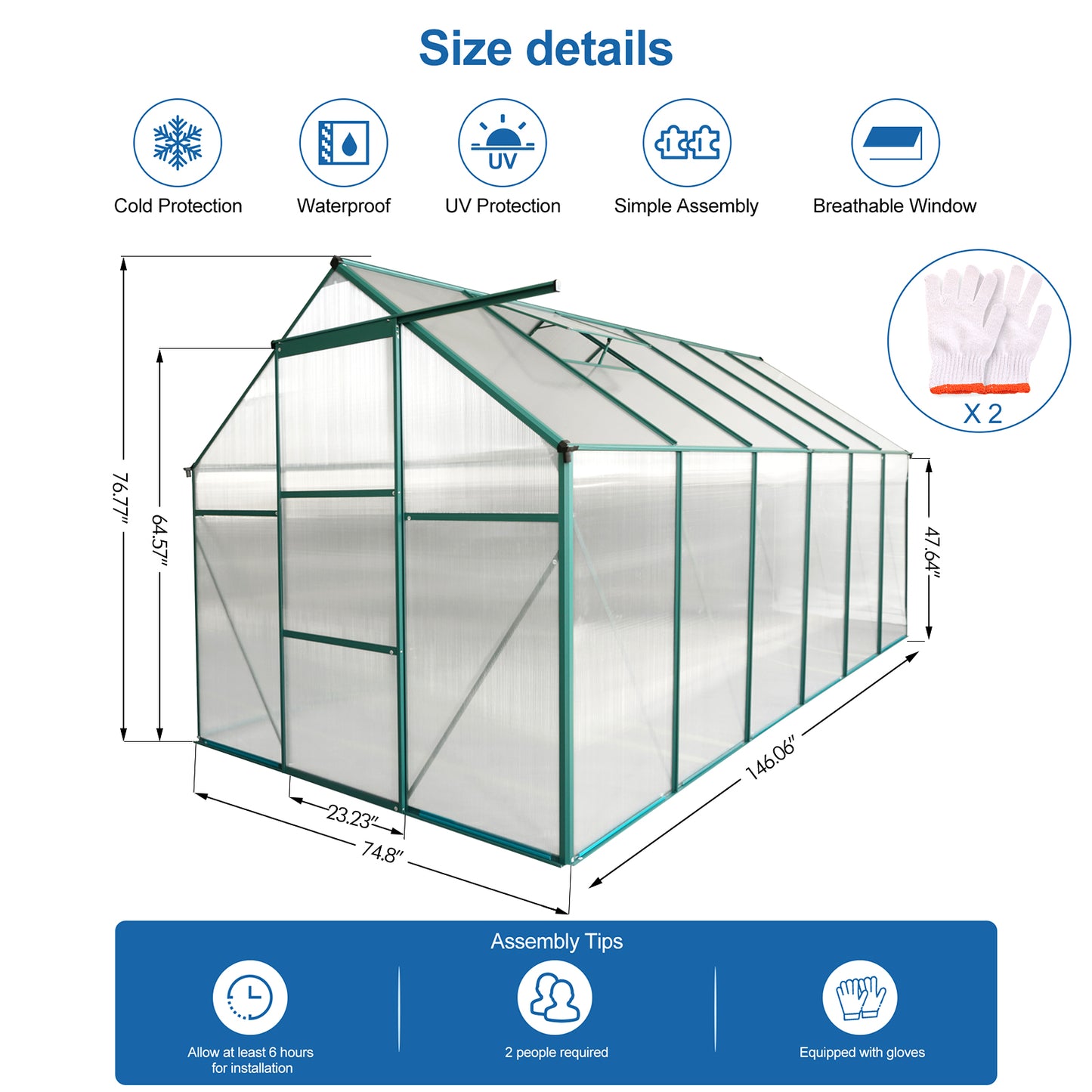 Large polycarbonate greenhouse with green frame dimensions shown