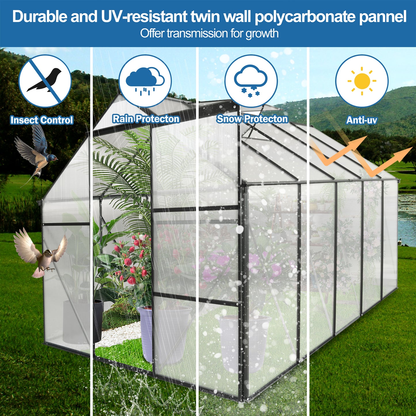 Durable twinwall polycarbonate greenhouse for insect control with birds flying away