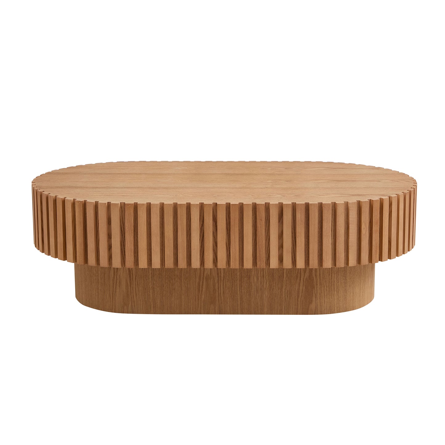 Round oak coffee table with ribbed wood texture and a solid base