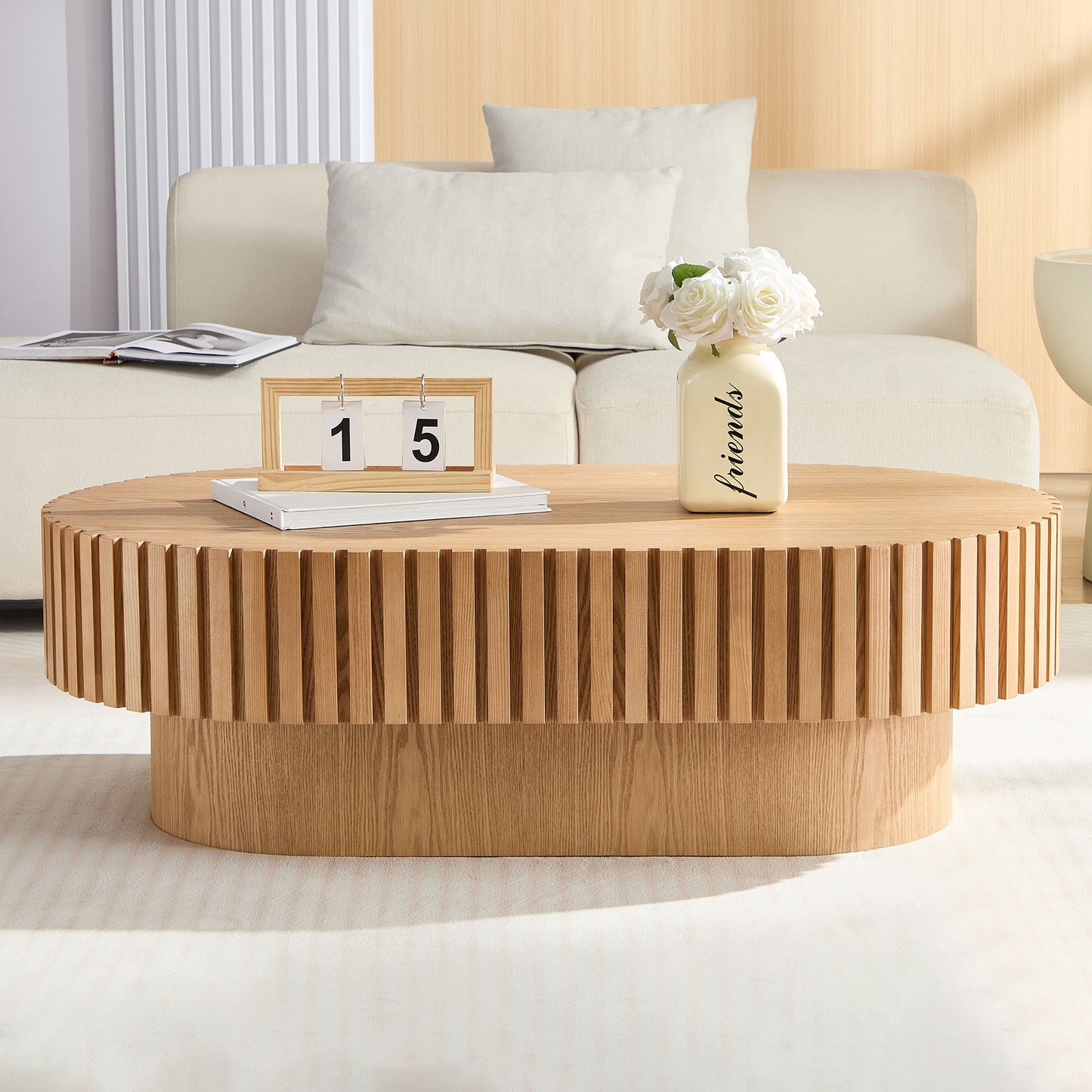 Oval wood coffee table with ribbed design modern living room centerpiece