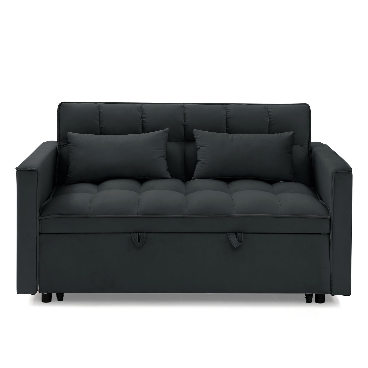 Modern dark grey sofa bed with tufted seat and two matching throw pillows