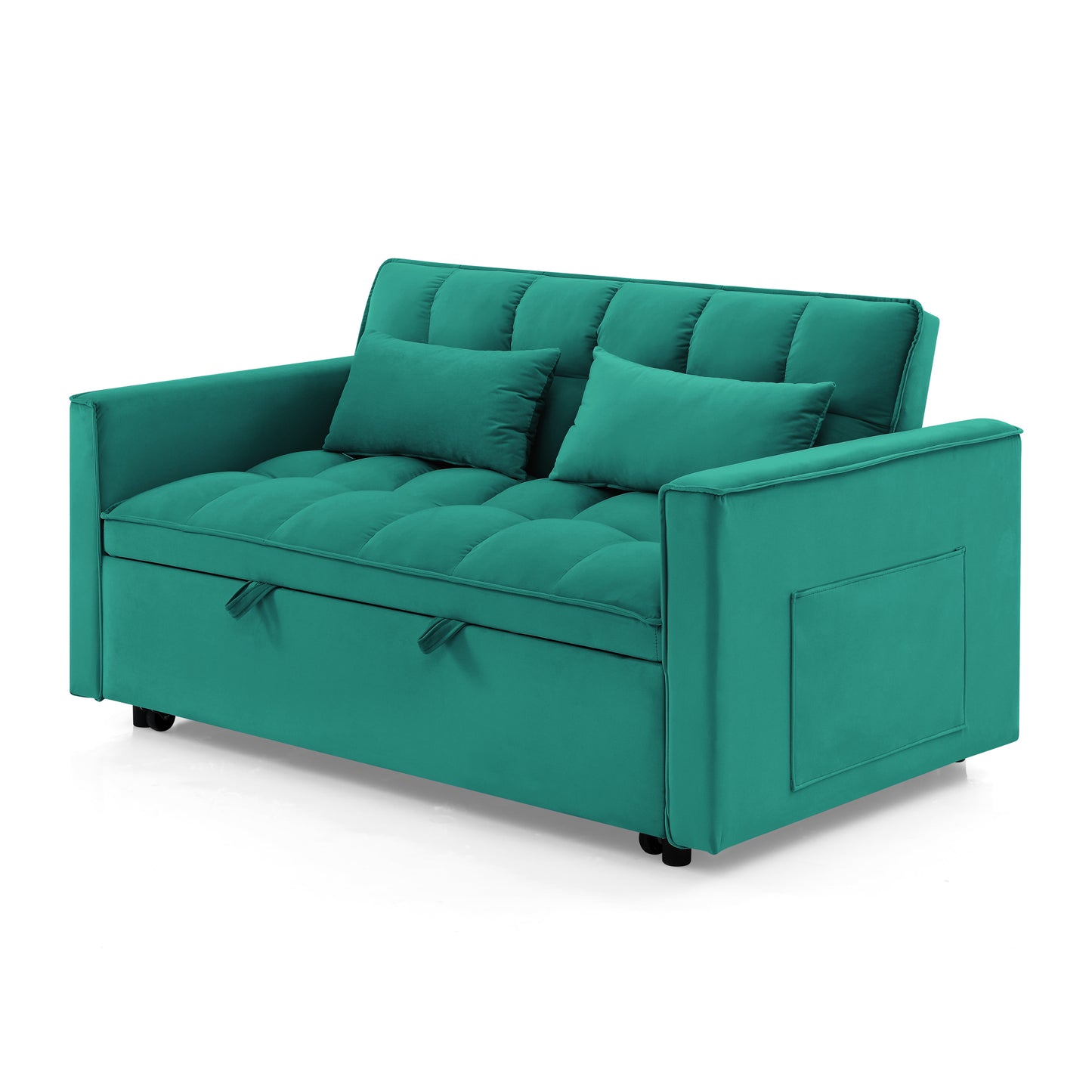 Teal velvet futon sofa with tufted cushions and two throw pillows