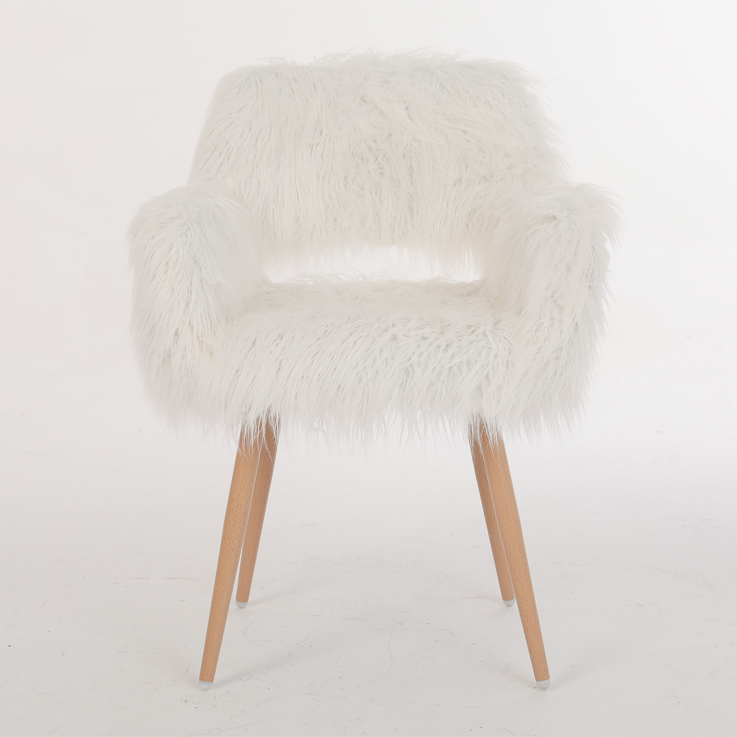 Plush white faux fur accent chair with wooden legs for a cozy living room