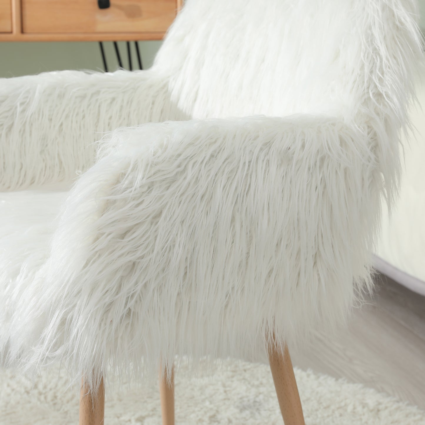 White fluffy accent chair with wood legs modern design
