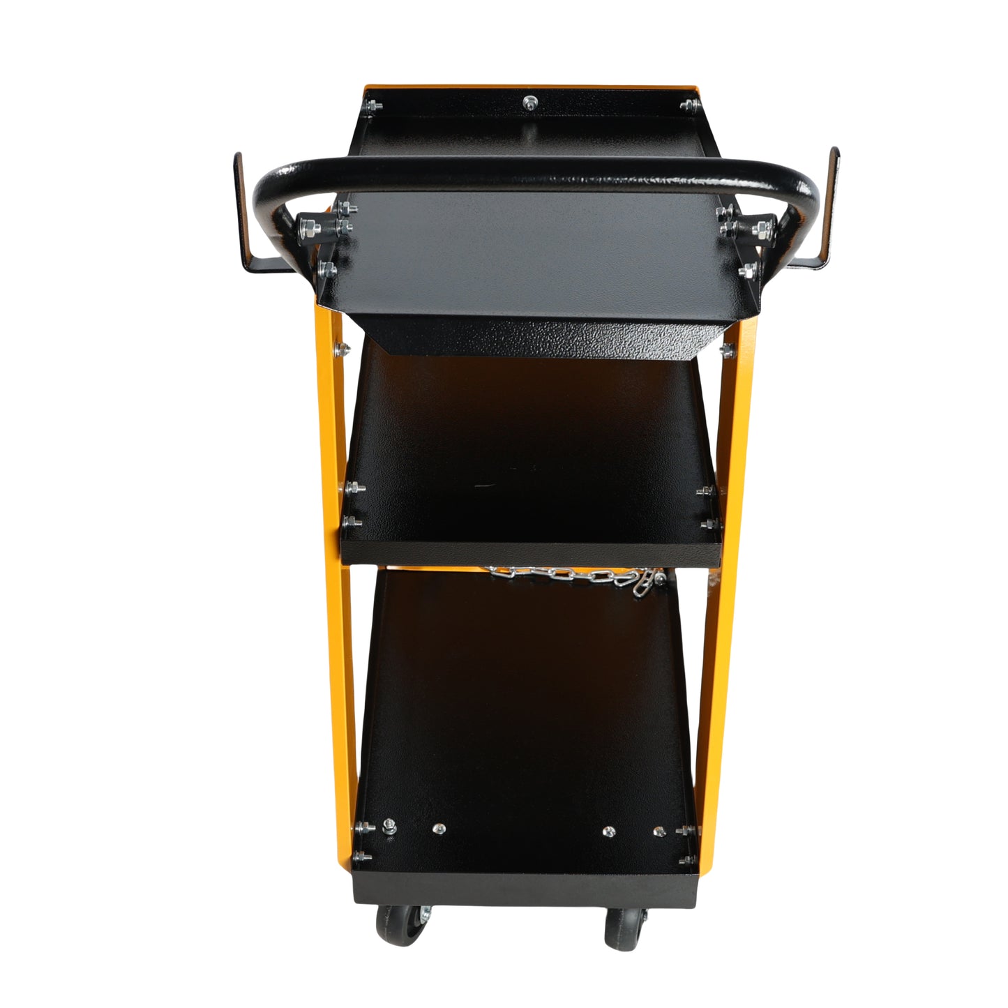 Yellow and black mobile utility cart with two shelves and a handle