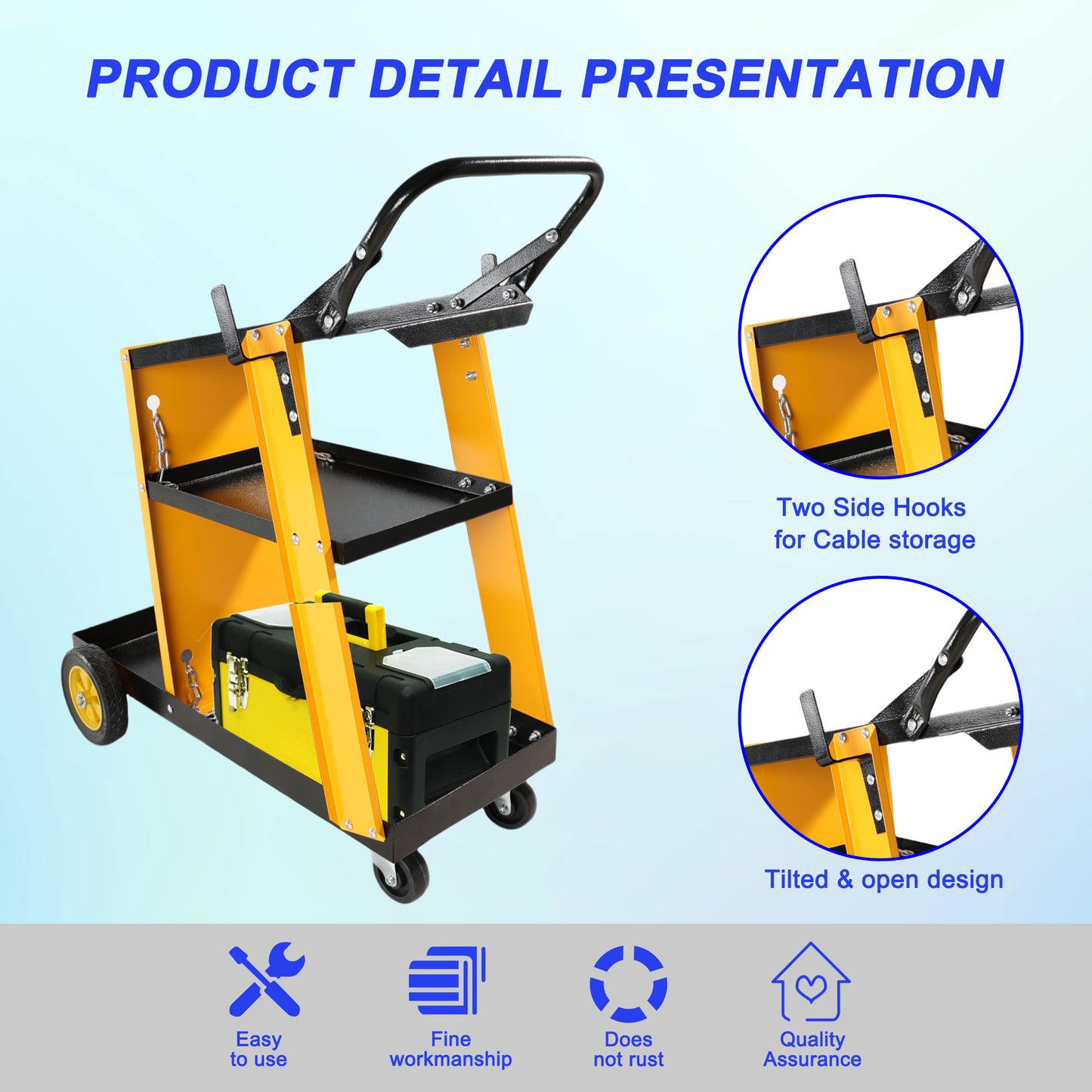 Yellow and black rolling tool cart with three tiers and side hooks for cable storage