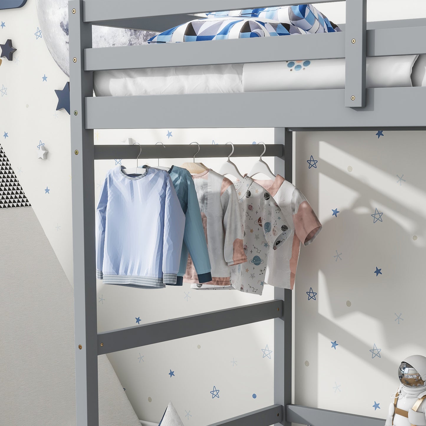 Grey wooden bunk bed with childrens clothes hanging below