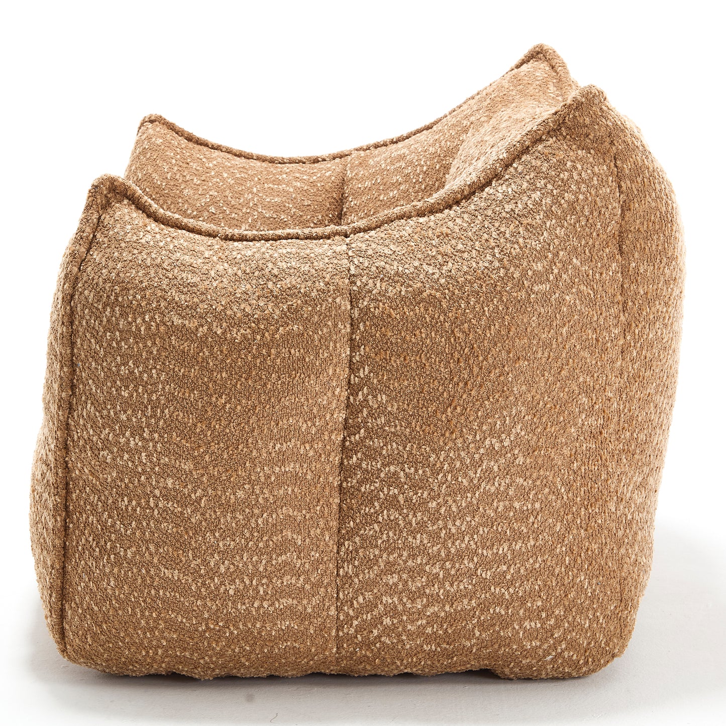 Textured brown fabric bean bag chair with a modern curved design