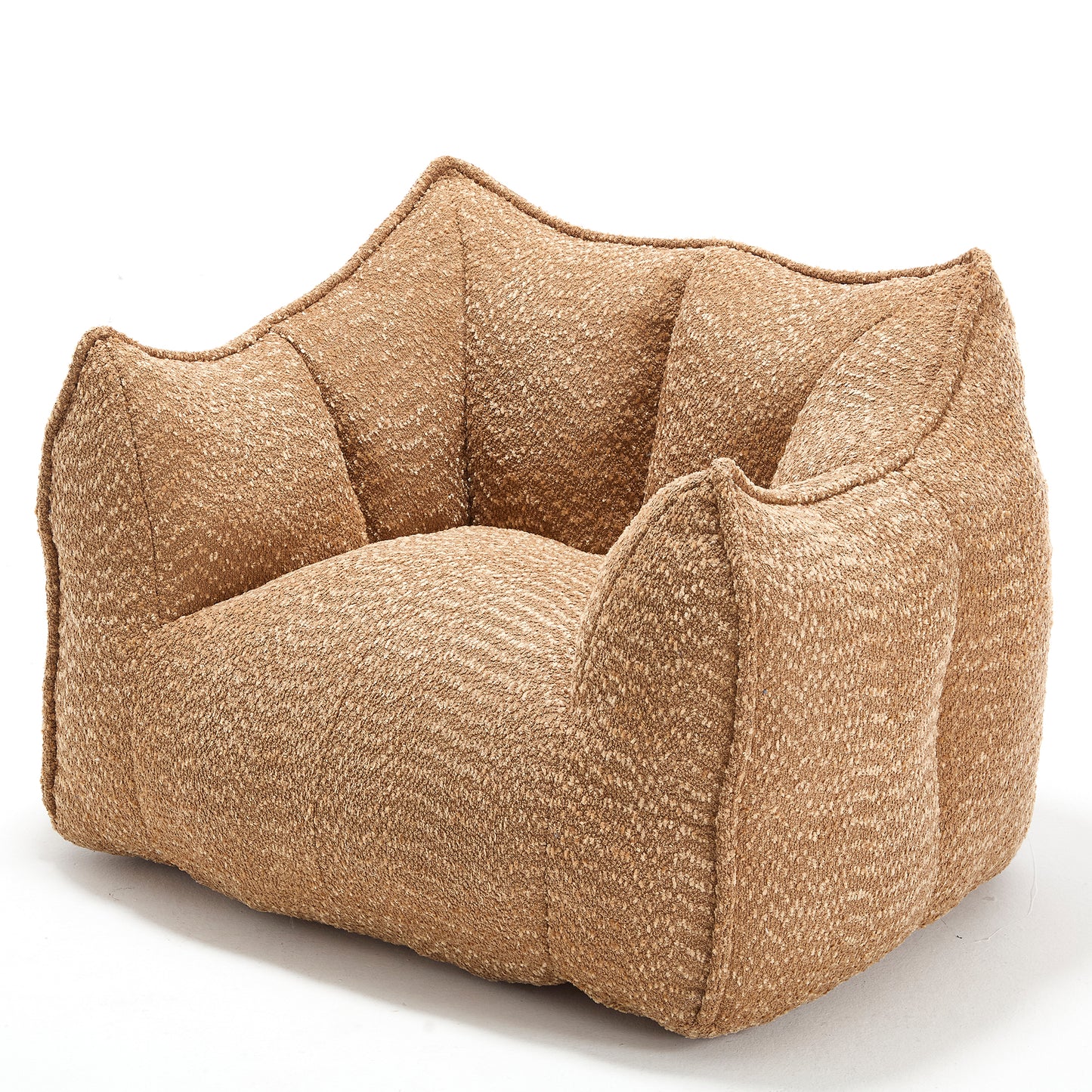 Textured brown bean bag chair with plush relaxed seating