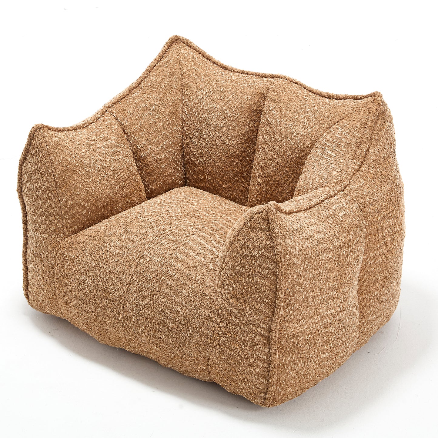 Textured brown boucle fabric armchair plush and inviting for cozy living room seating