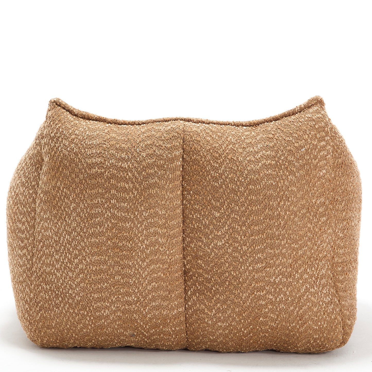 Textured tan boucle ottoman with curved top perfect for modern living spaces