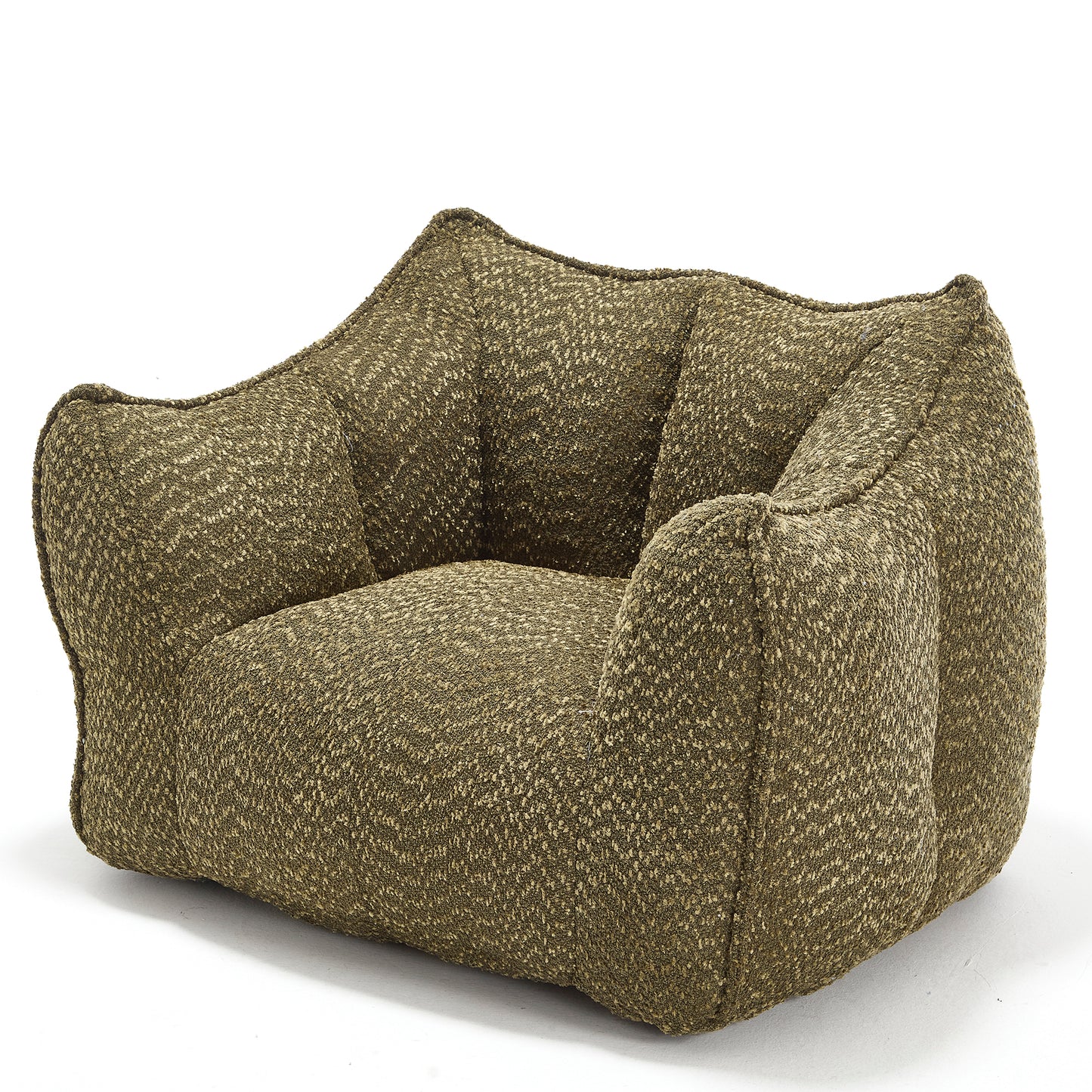 Textured olive green armchair with a plush inviting seat and armrests