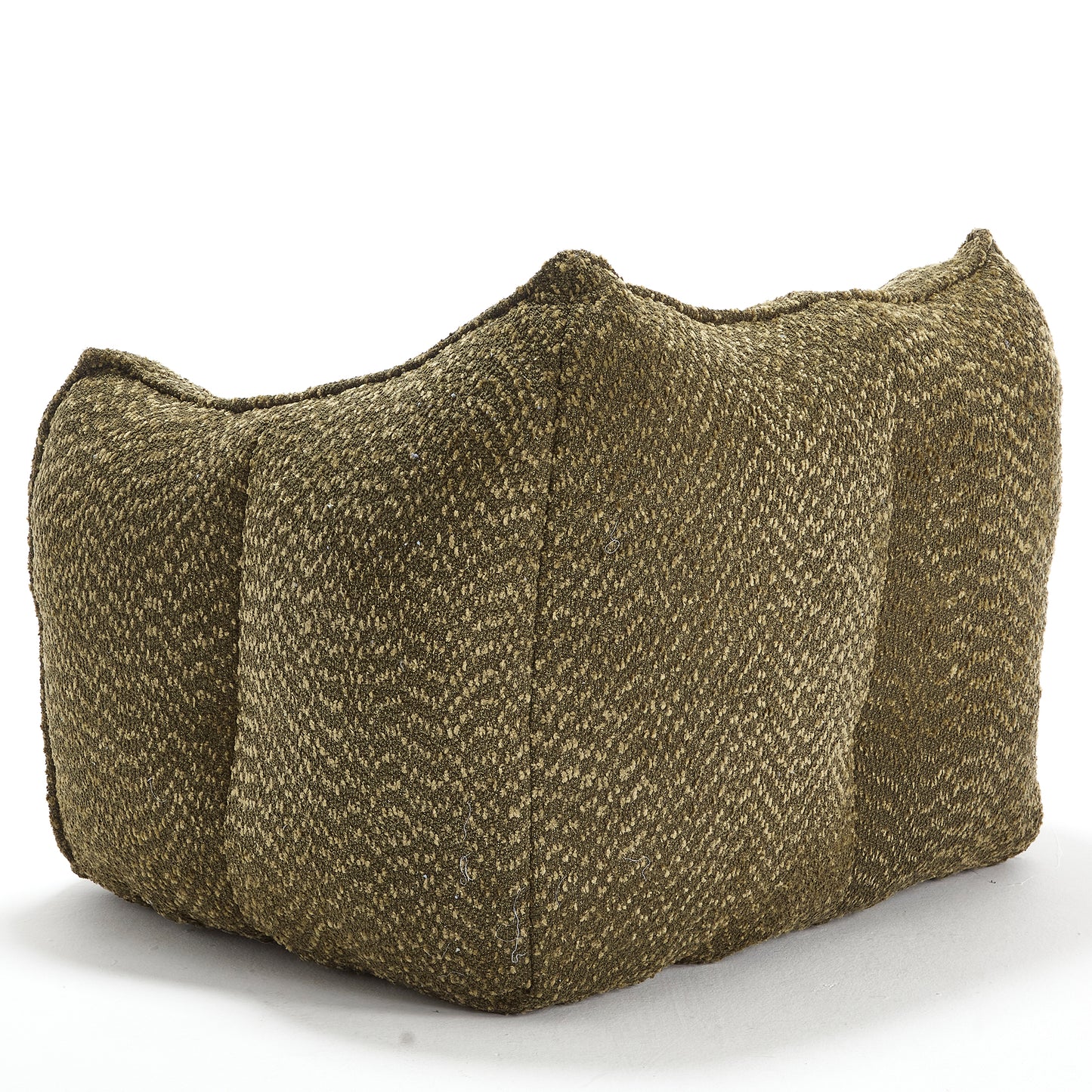 Textured olive green bean bag chair with visible stitching and herringbone pattern