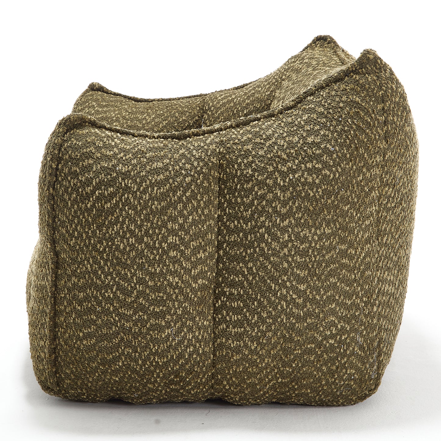 Textured olive green pouf with woven fabric and rounded edges