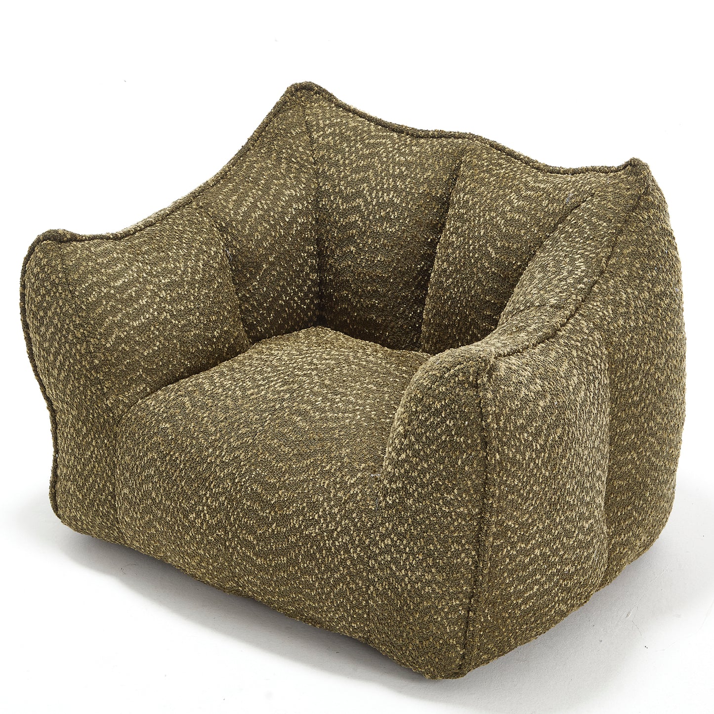 Textured olive green armchair with plush rounded upholstery and wide arms for comfort
