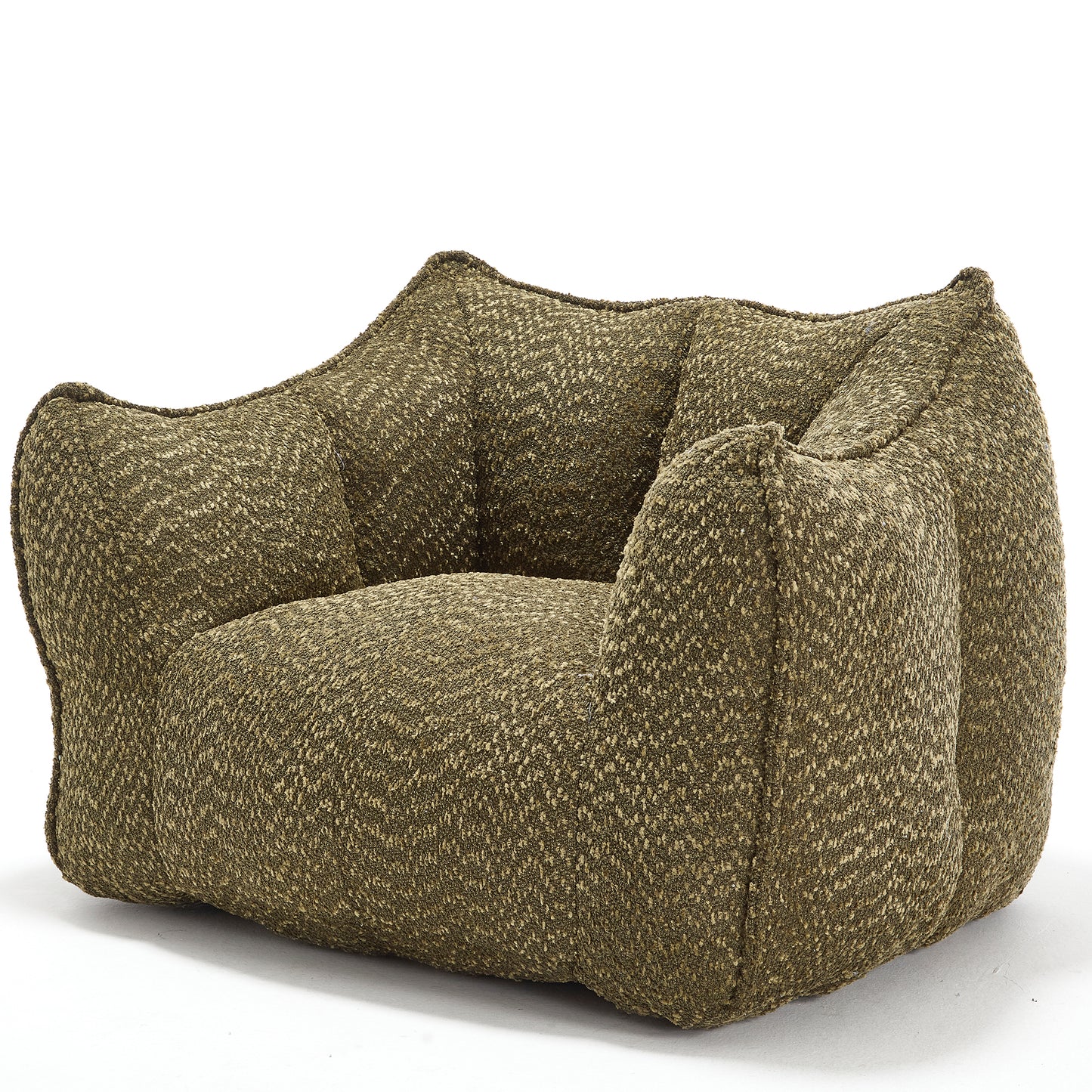 Textured olive green boucle fabric armchair with rounded plush cushions Perfect accent seating