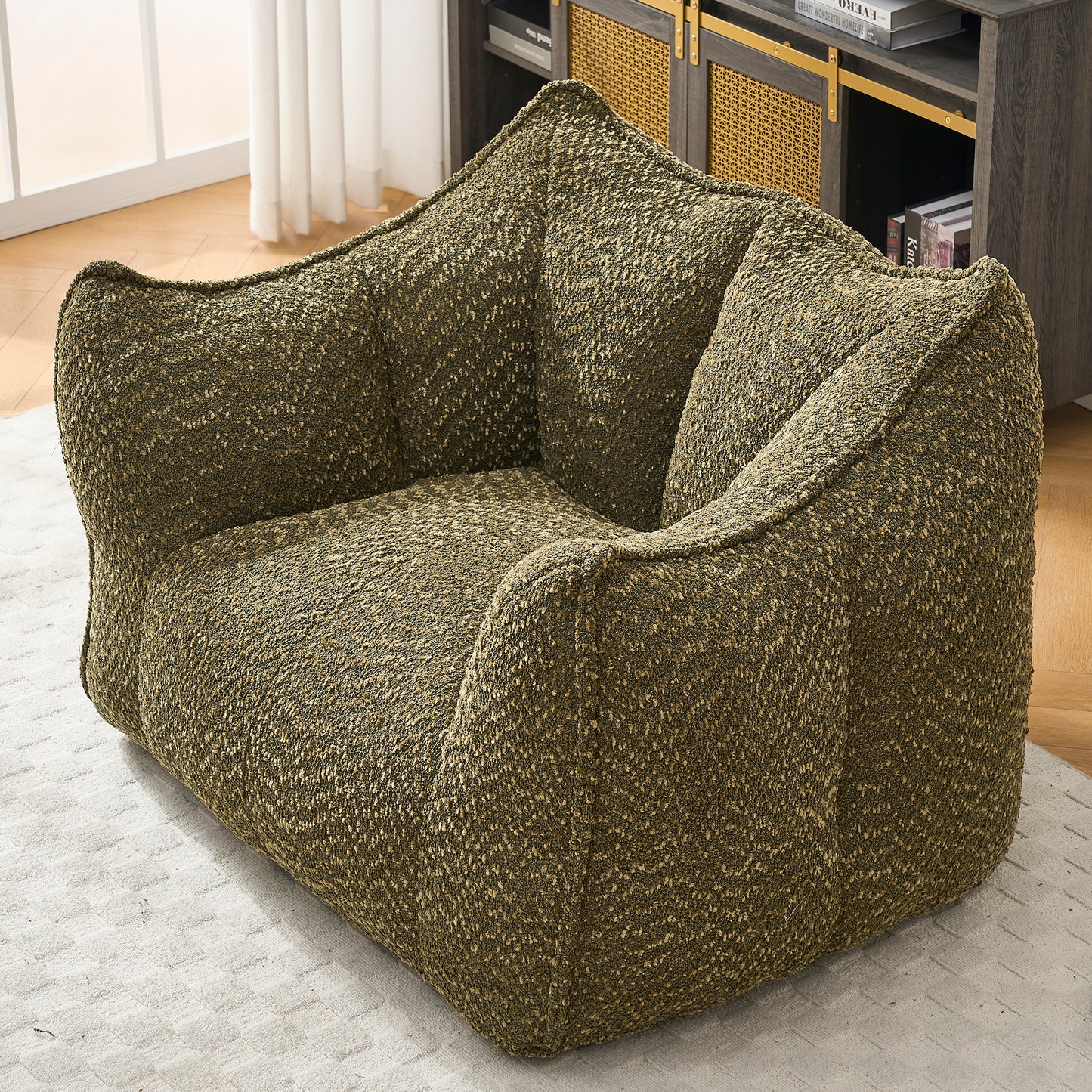 Cozy textured olive green bean bag chair with plush filling for ultimate comfort
