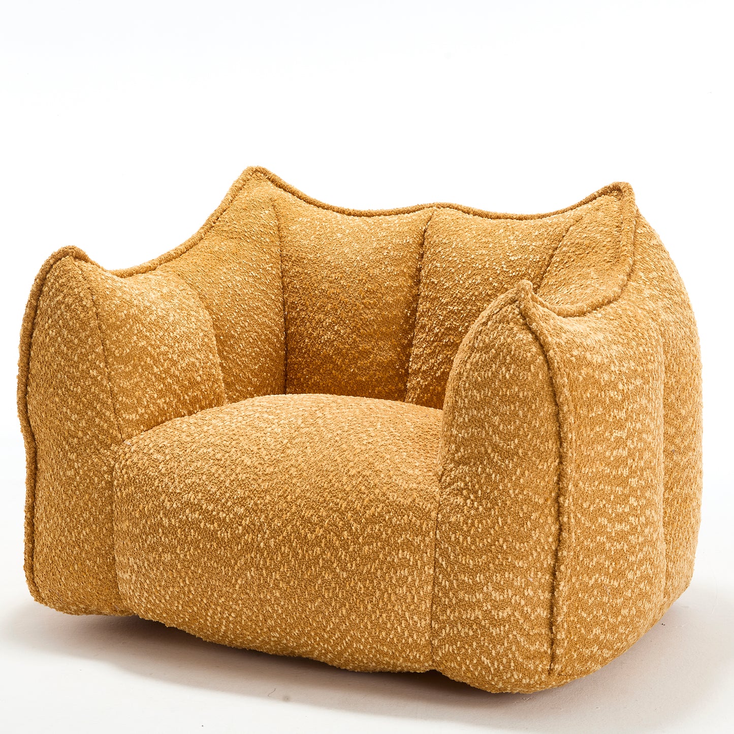 Round textured boucle accent chair in warm mustard yellow perfect for modern living spaces
