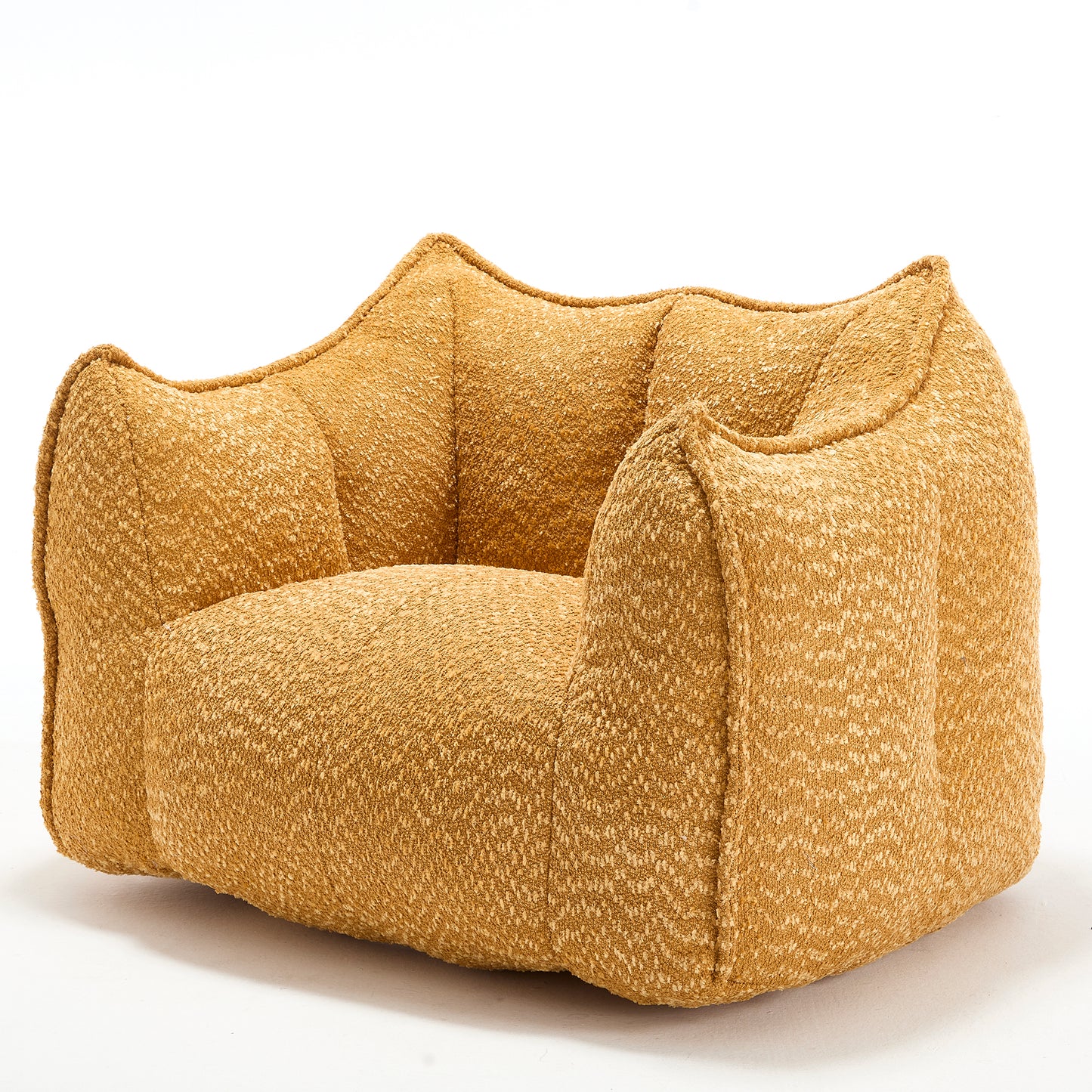 Mustard textured boucle armchair with rounded design and deep seating