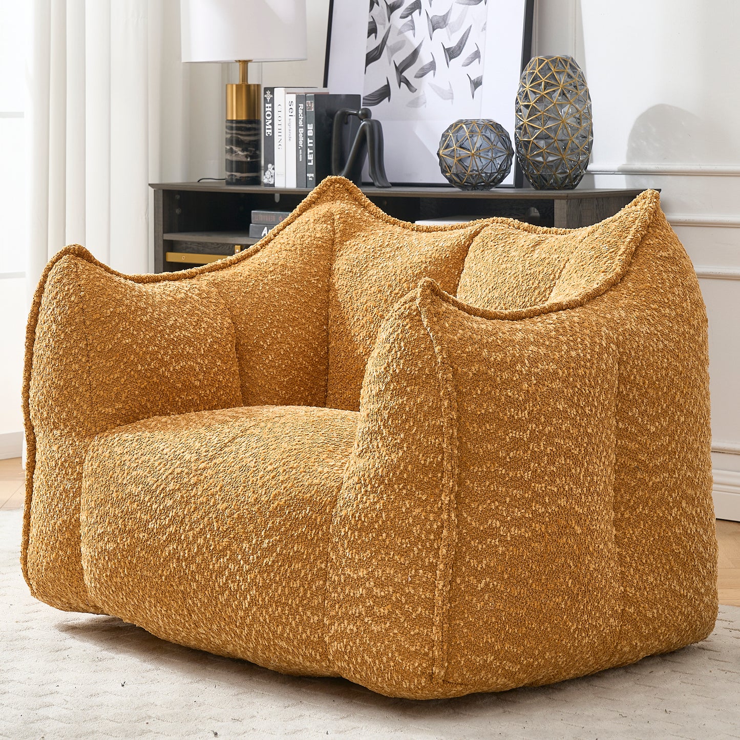 Cozy mustard yellow boucl accent chair with plush seating and supportive backrest