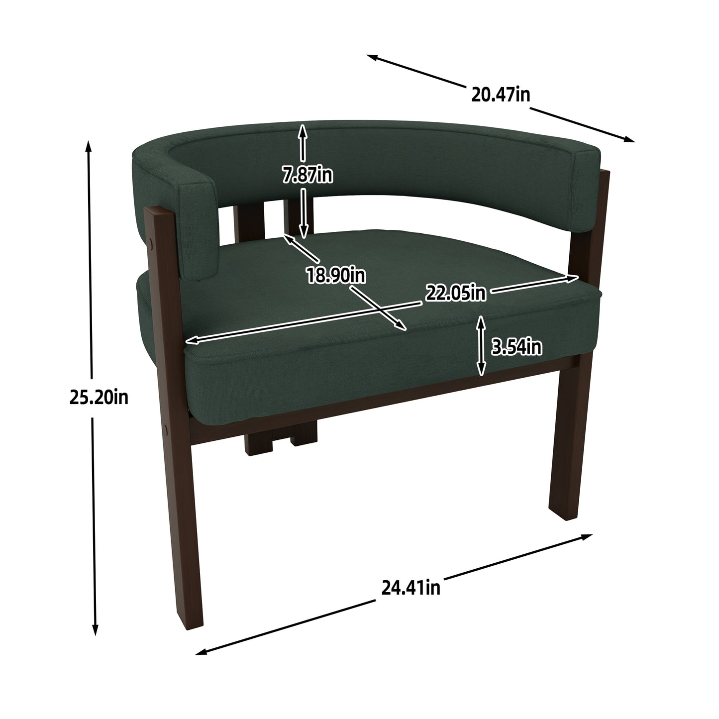 Dark green upholstered barrel chair with dark wood frame and dimensions