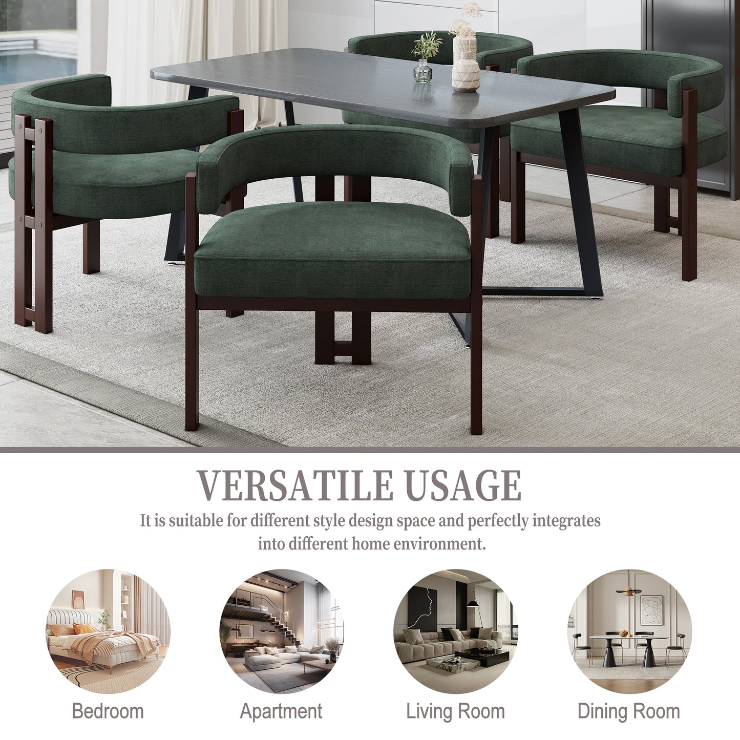 Dark green upholstered dining chair with dark wood frame