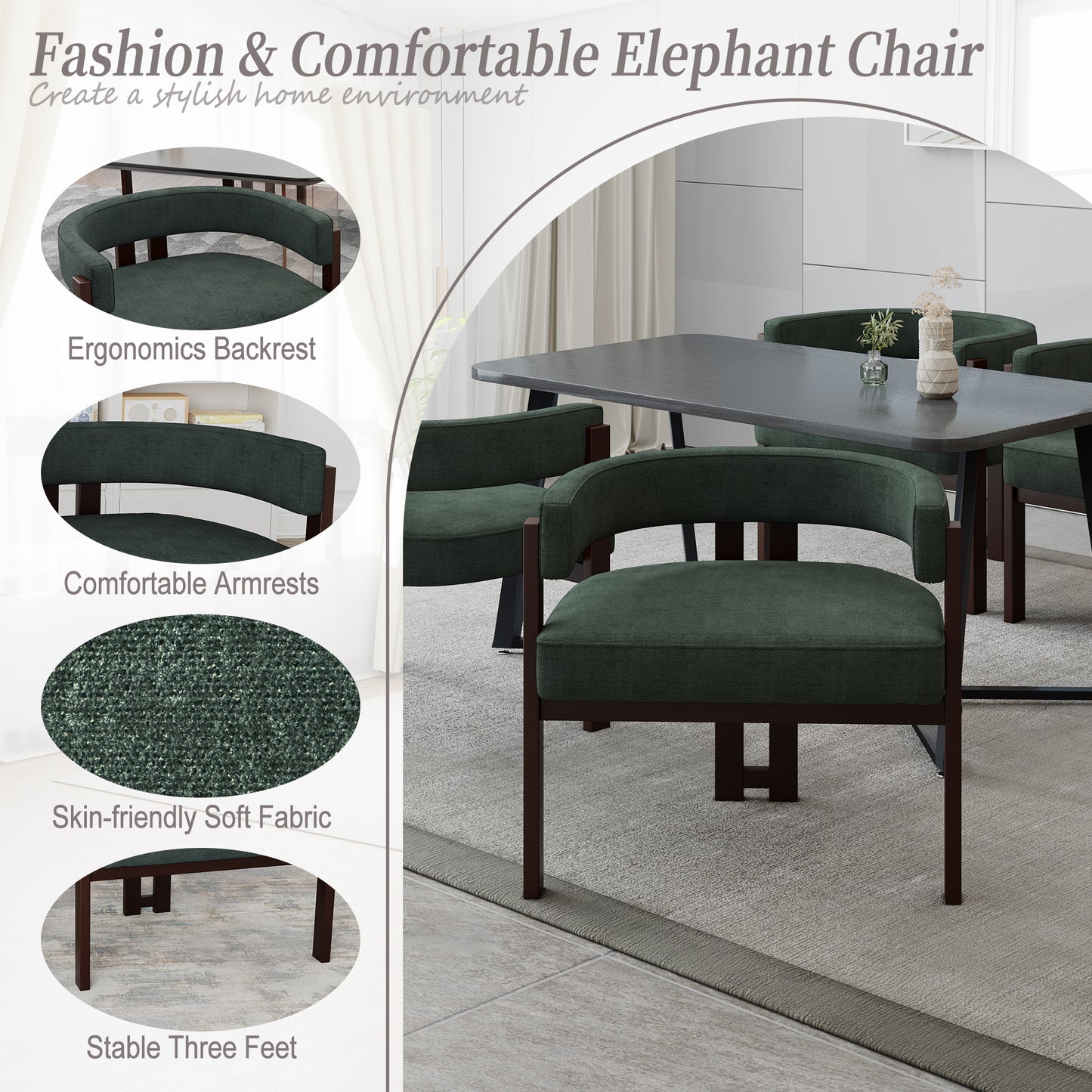 Dark green upholstered dining chair with curved armrests and wooden legs