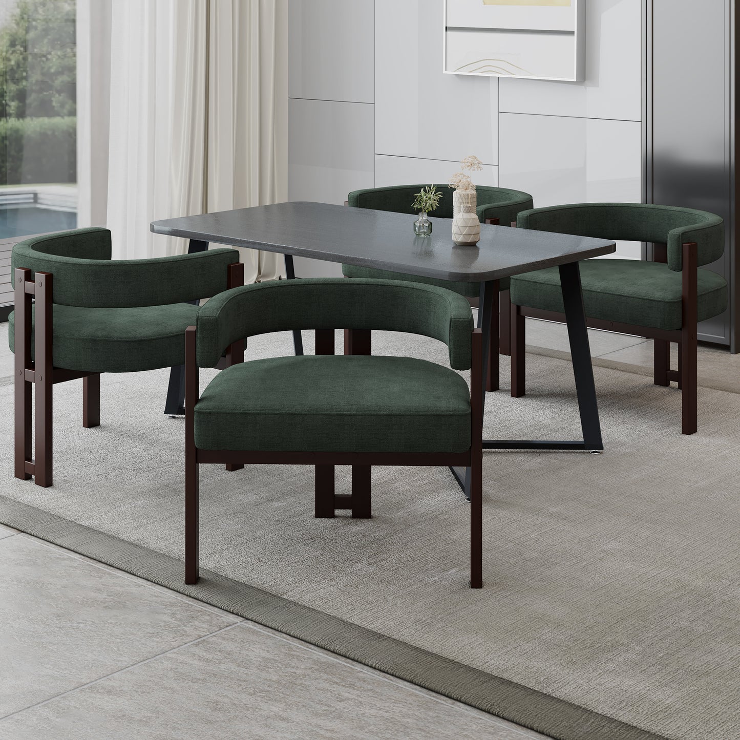 Four dark green upholstered dining chairs with dark wood frames around a dark gray dining table