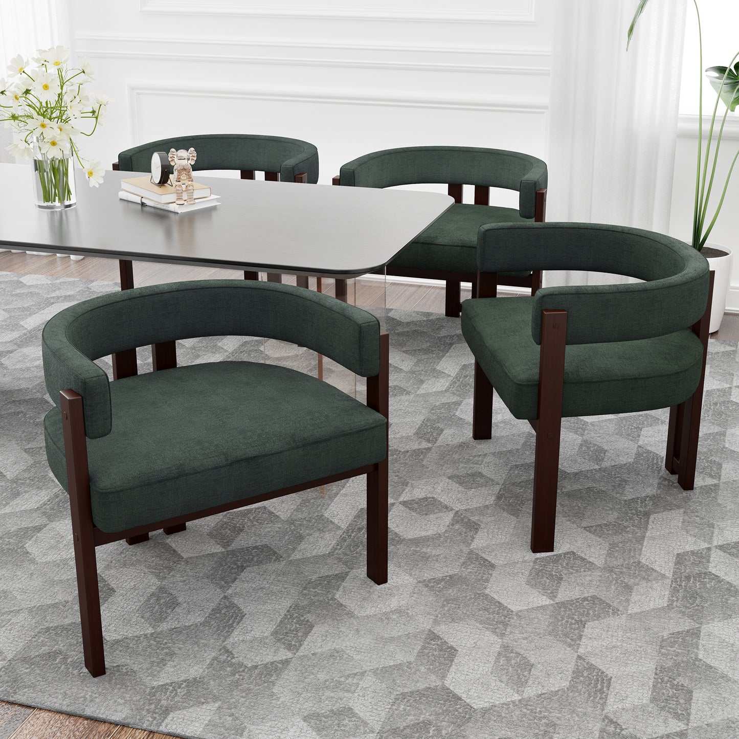 Dark green upholstered dining chair with dark wood frame and curved back