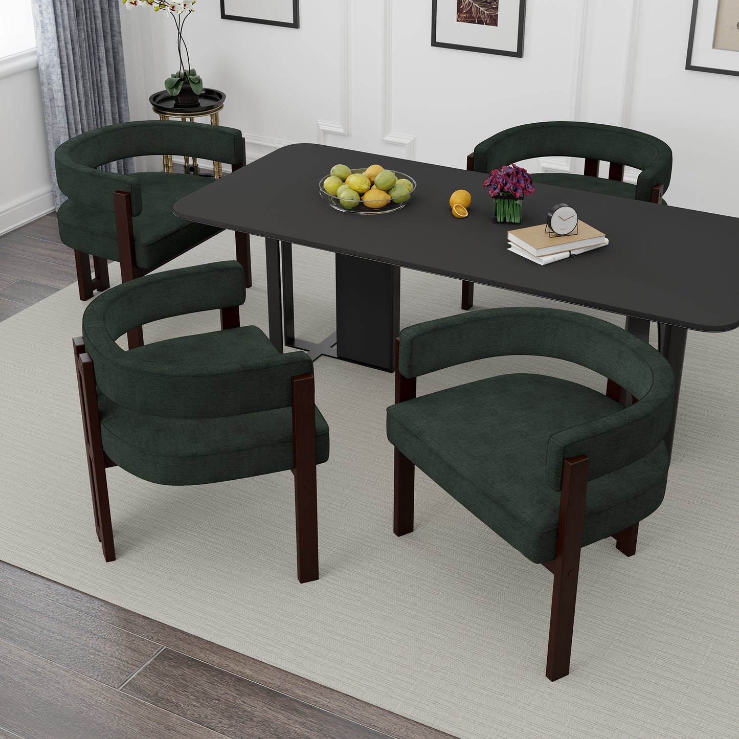Emerald green upholstered dining chairs with dark wood legs set of