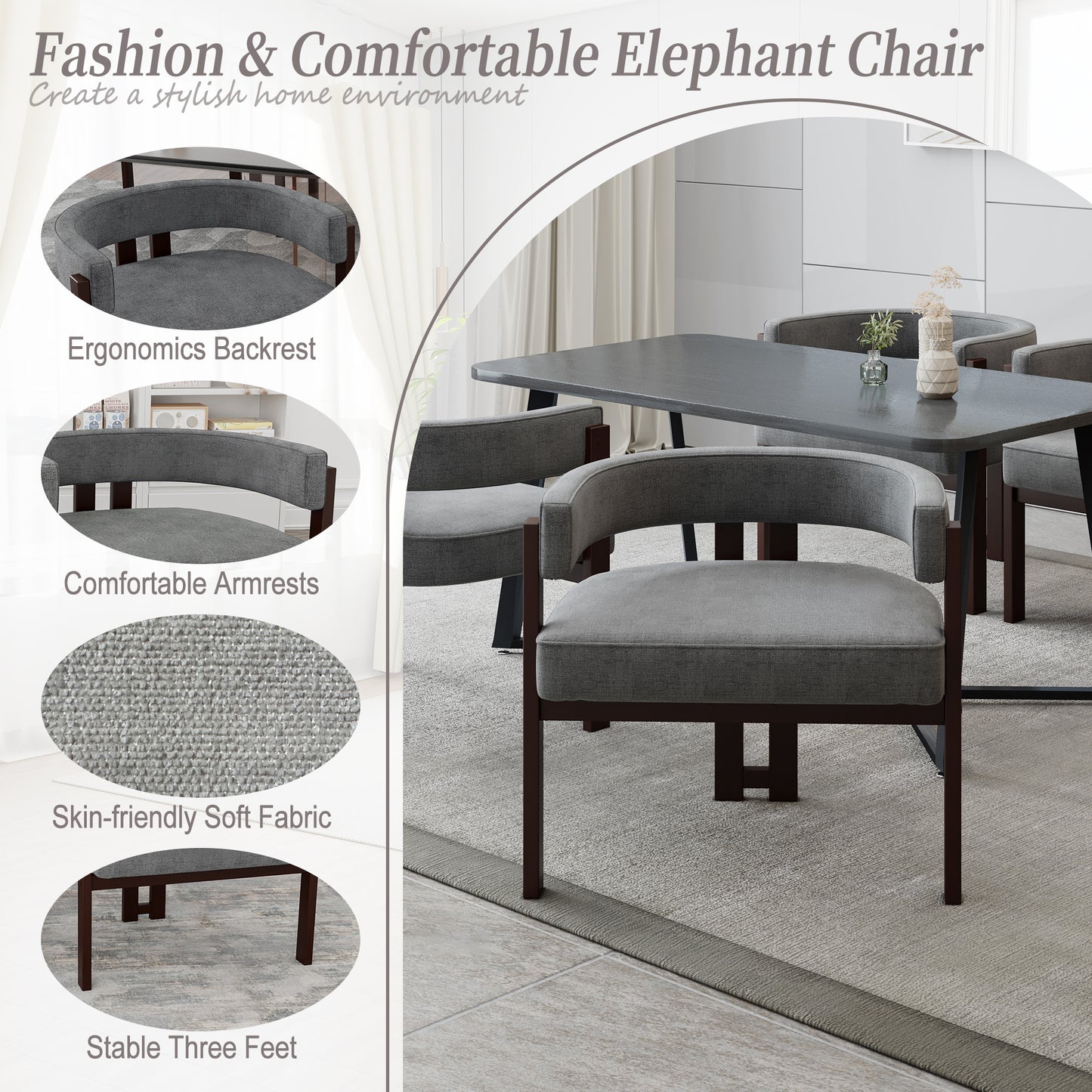 Gray upholstered dining chair with curved backrest and comfortable armrests