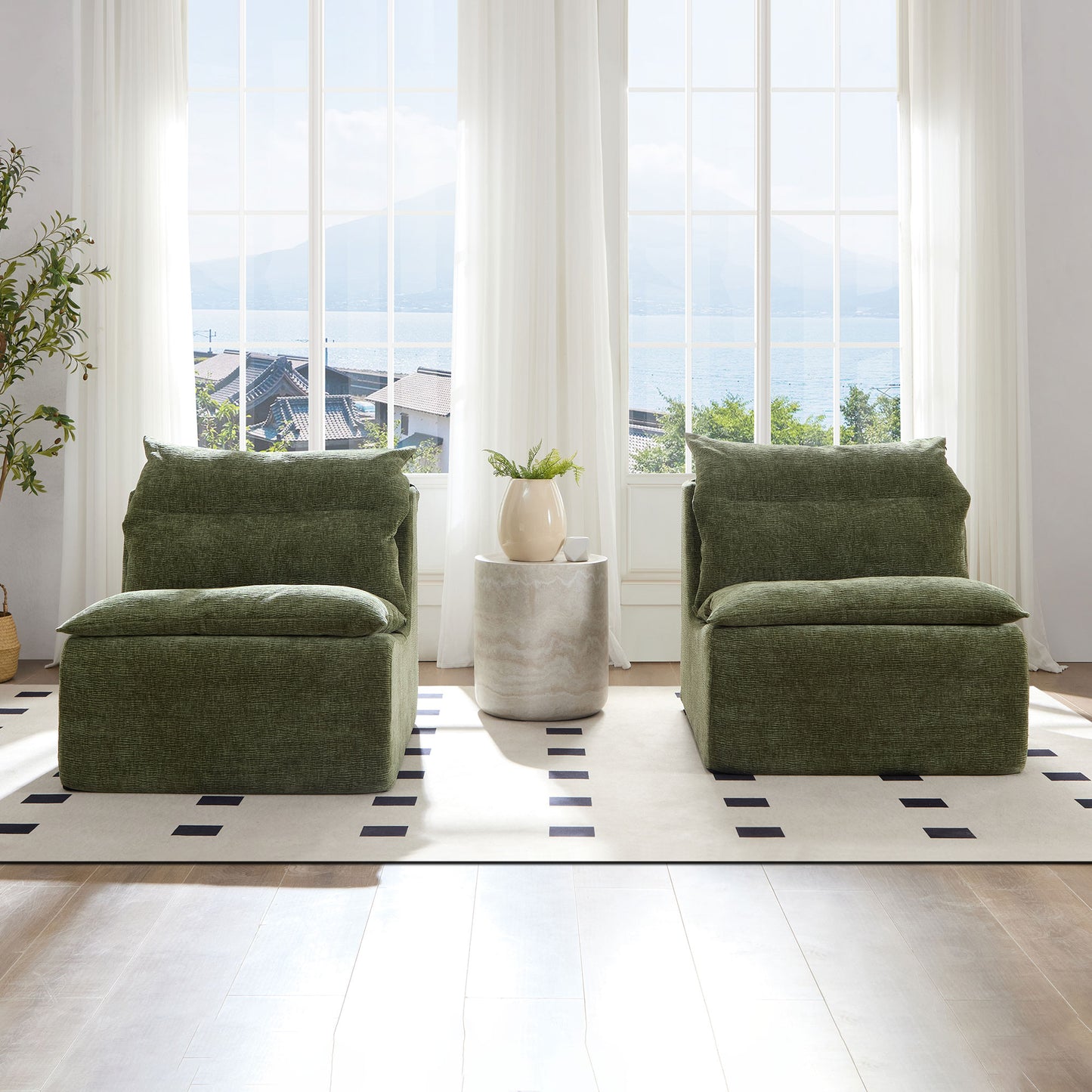 Plush green accent chair with textured upholstery and deep seating perfect for modern living rooms