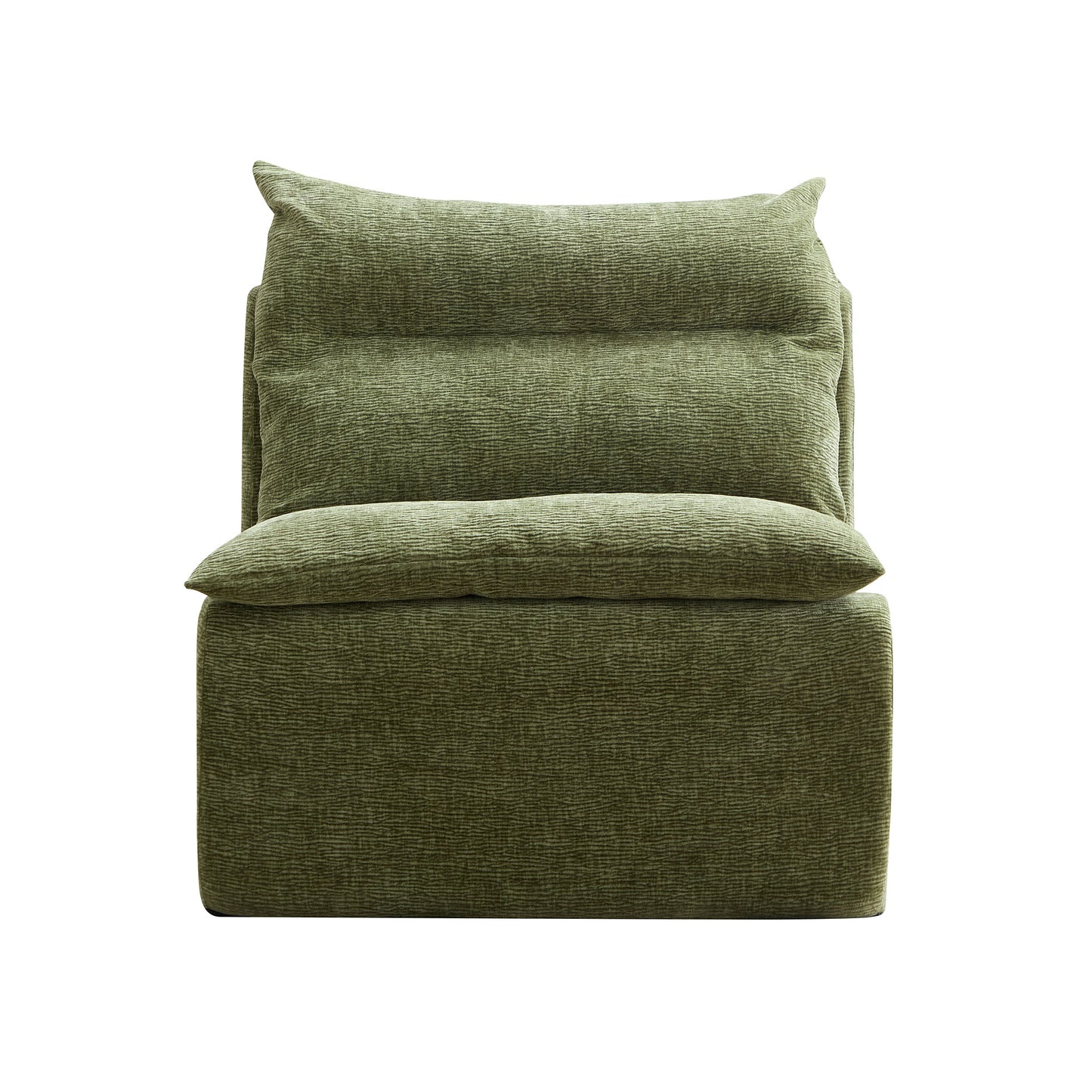 Comfortable green upholstered armchair with plush cushions for living room relaxation