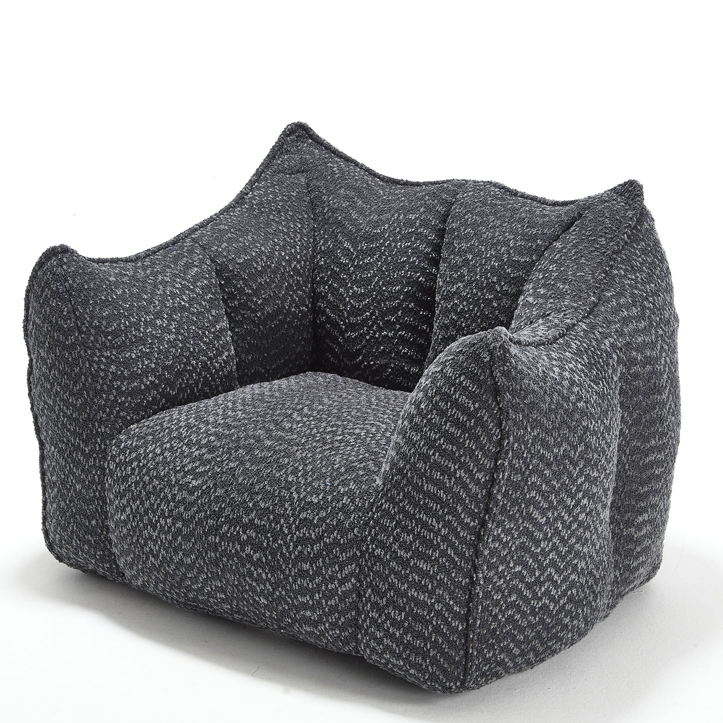 Dark grey boucle fabric armchair with curved arms perfect for modern living rooms
