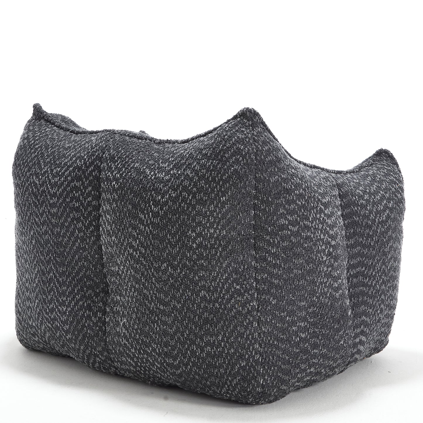 Dark grey upholstered ottoman with a textured fabric and modern design