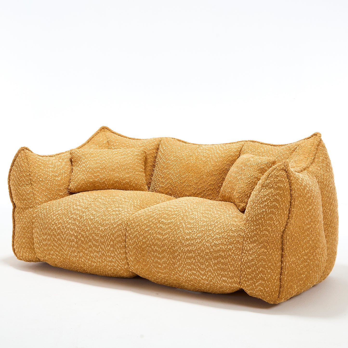 A plush mustard yellow boucle fabric sectional sofa with rounded arms and multiple cushions