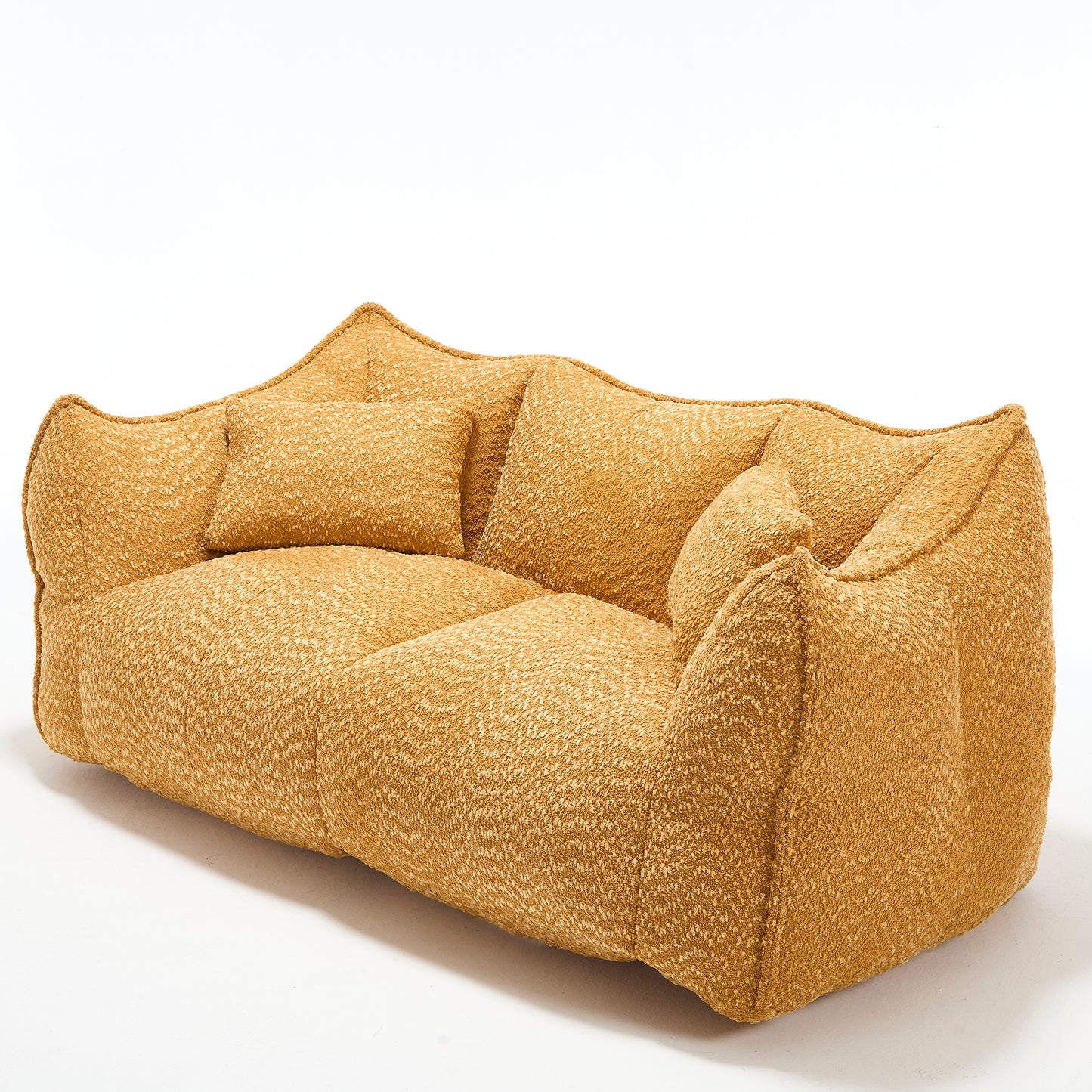 Plush mustard yellow boucle sofa with rounded arms and plush cushions contemporary lounge furniture