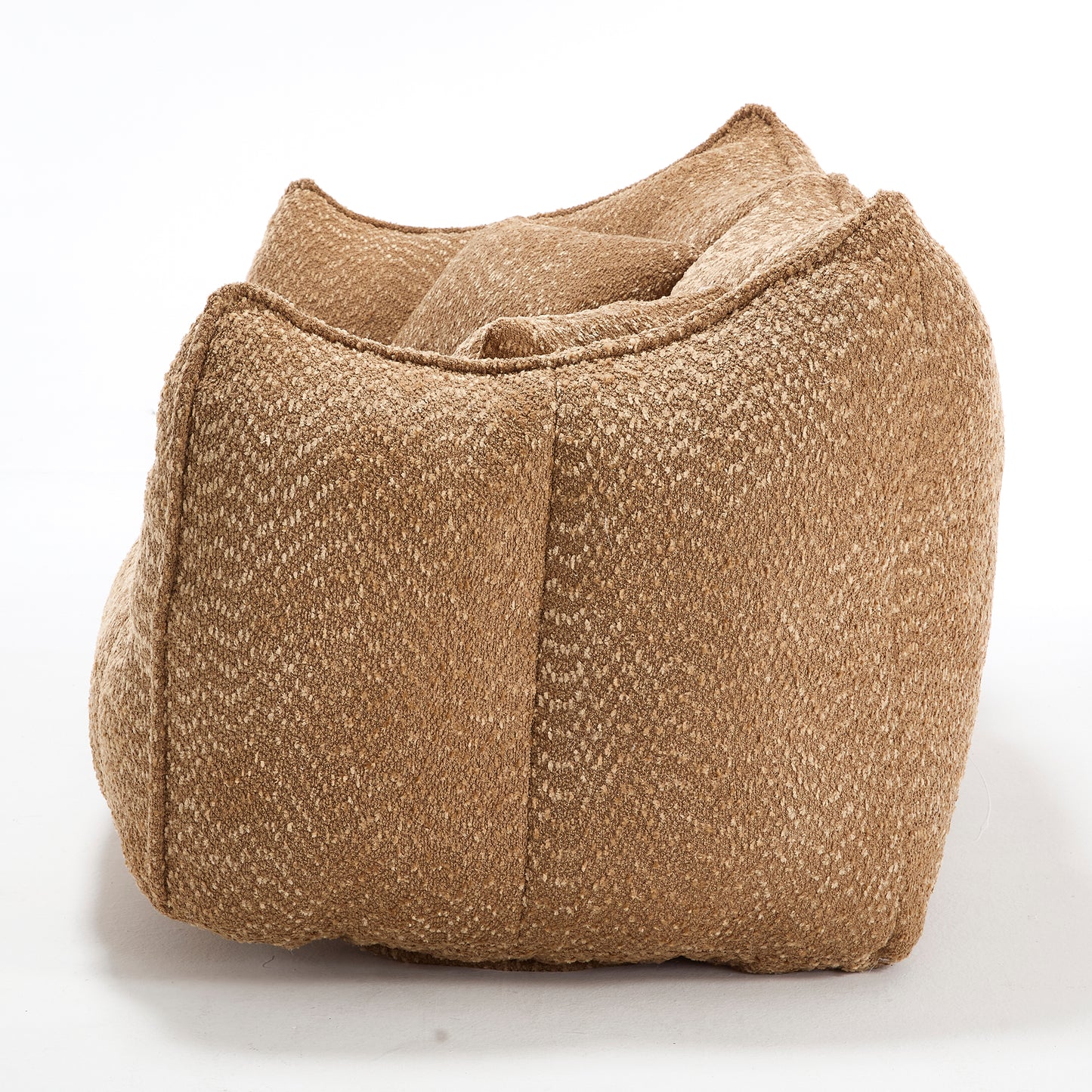 Textured brown fabric bean bag chair with plush cushioning