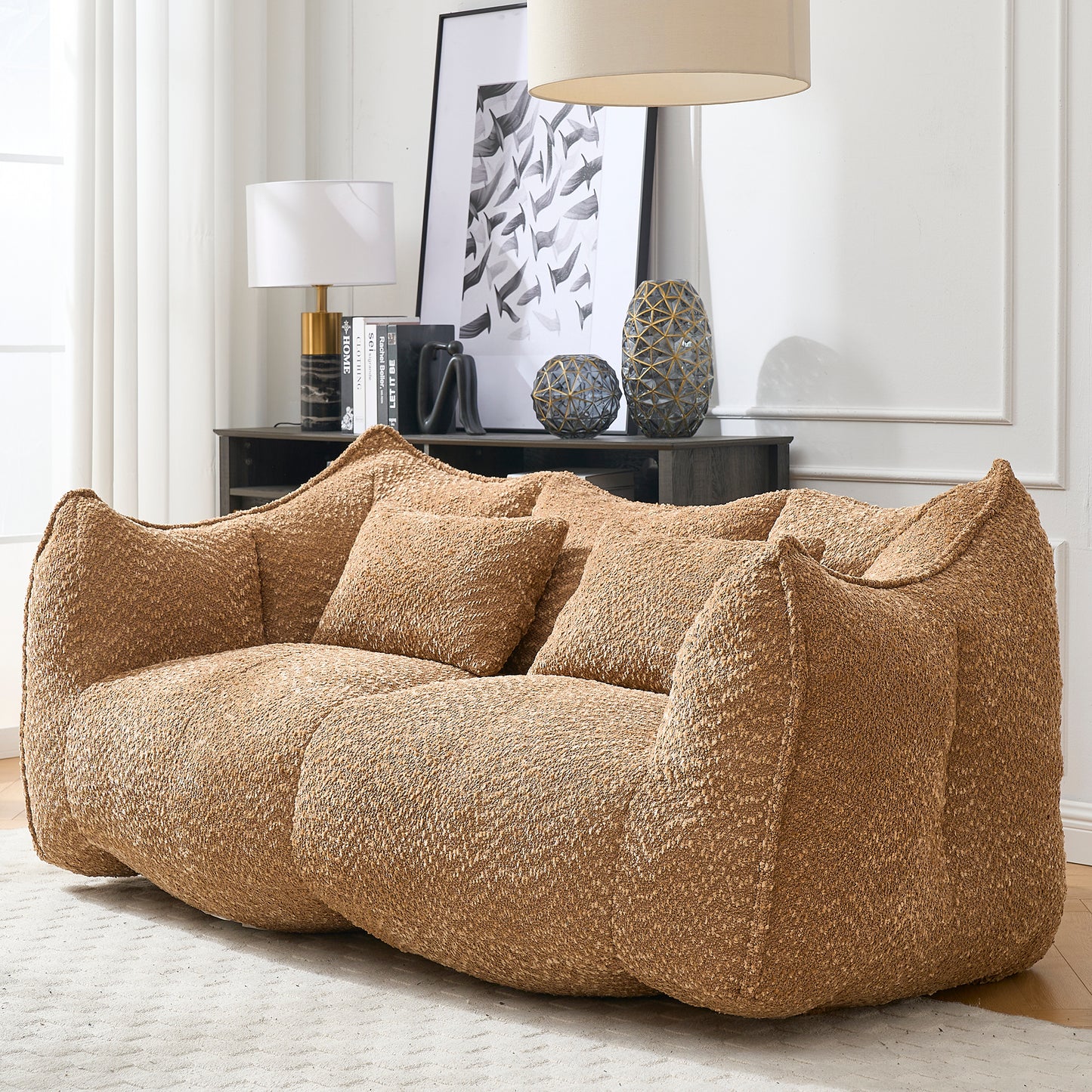 Cozy boucle fabric sofa in warm caramel perfect for a modern living room