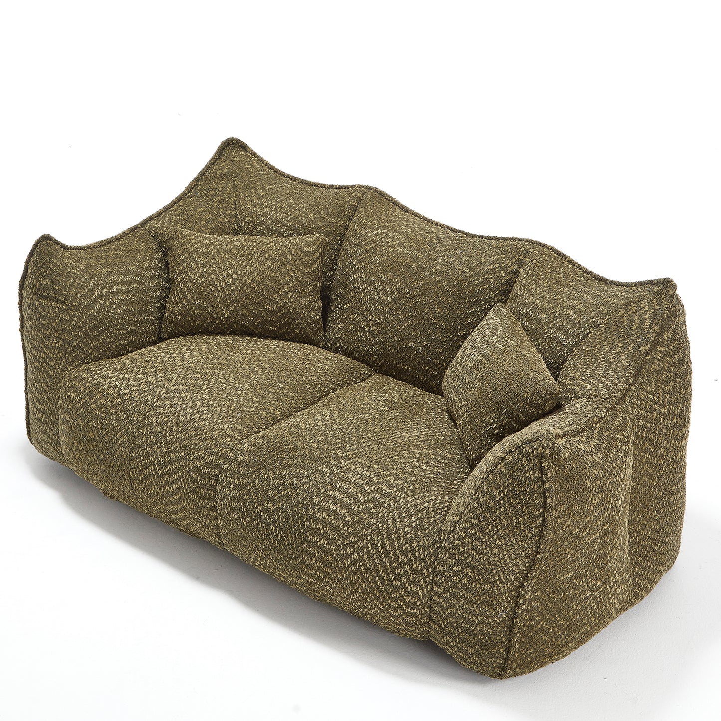 Taupe textured fabric sofa with two throw pillows and tufted seating modern design