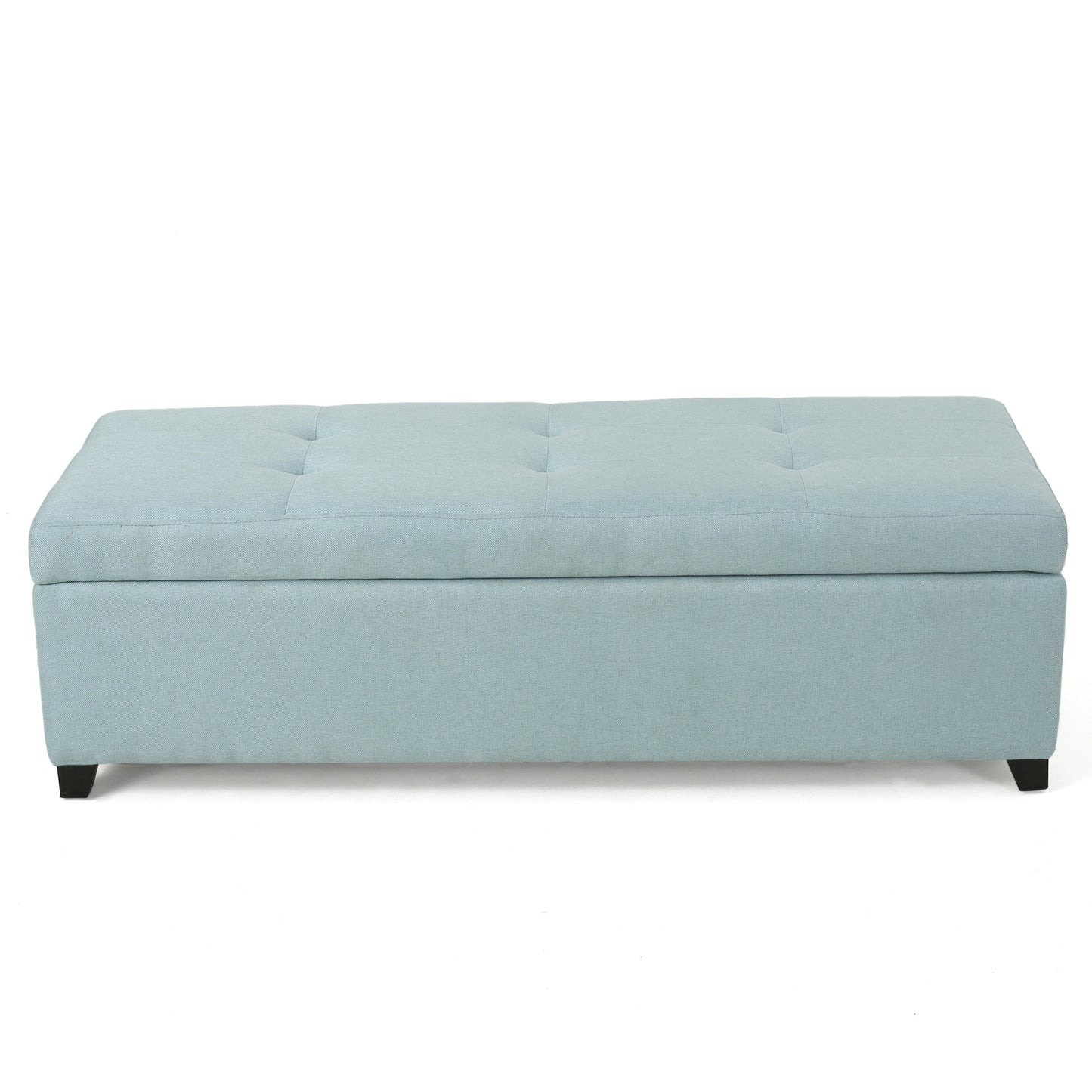 Tufted light blue fabric storage ottoman with dark wood legs