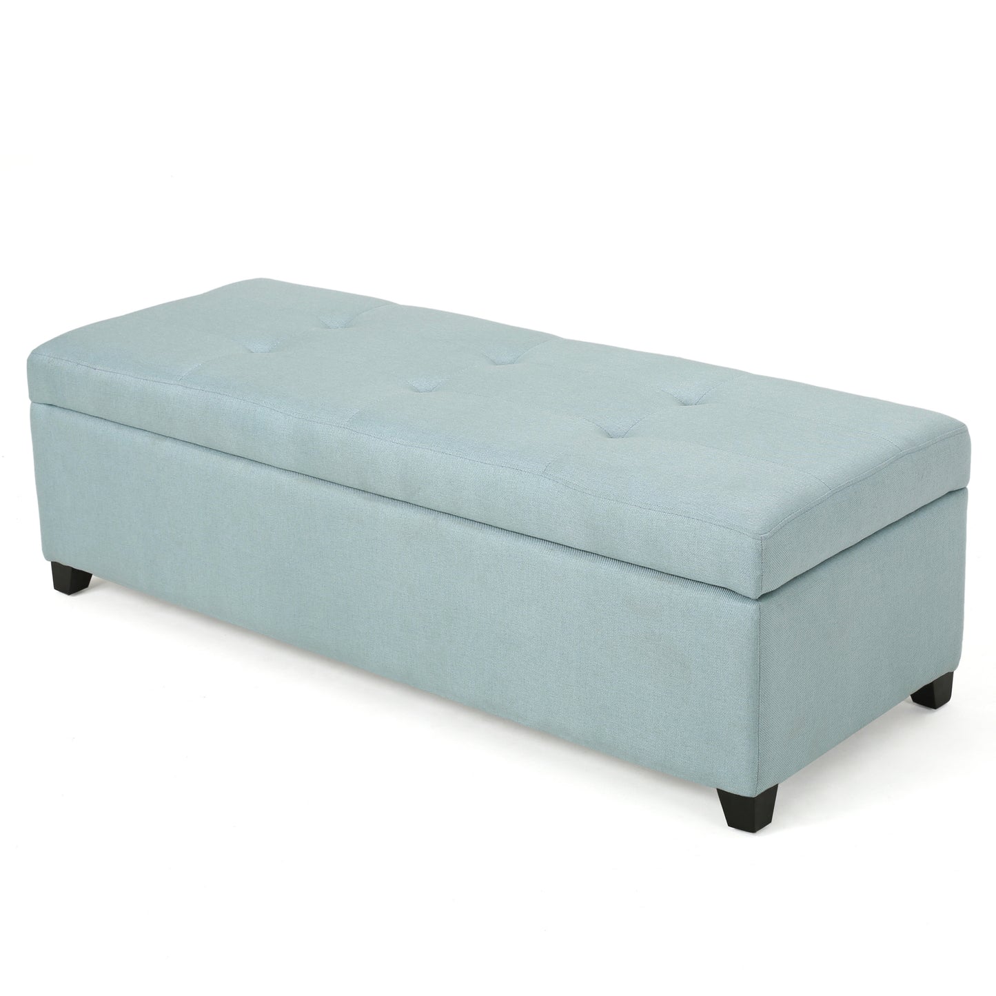 Light blue upholstered storage bench with tufted lid and dark wood feet