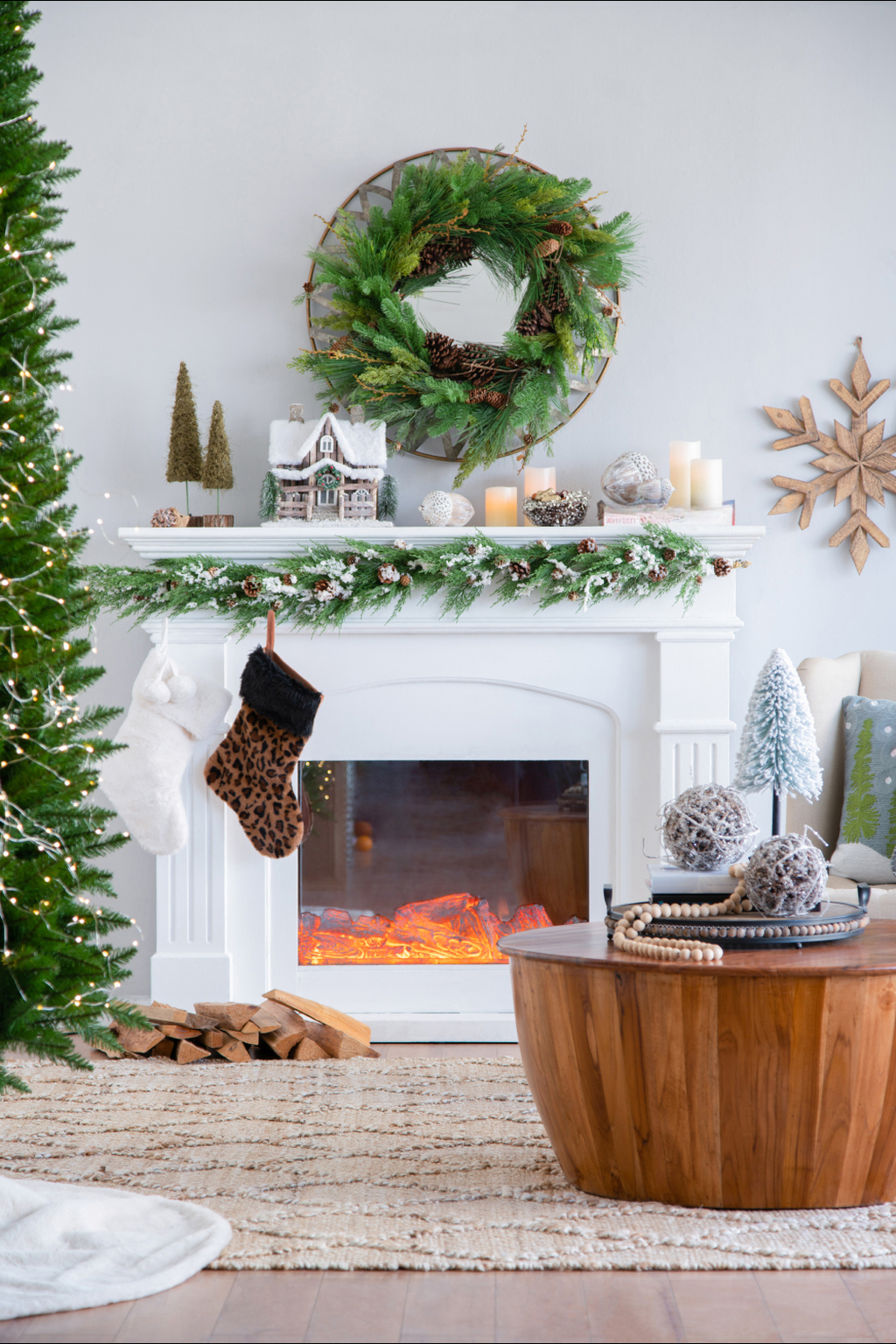 Rustic wooden coffee table with beaded garland perfect for living room decor