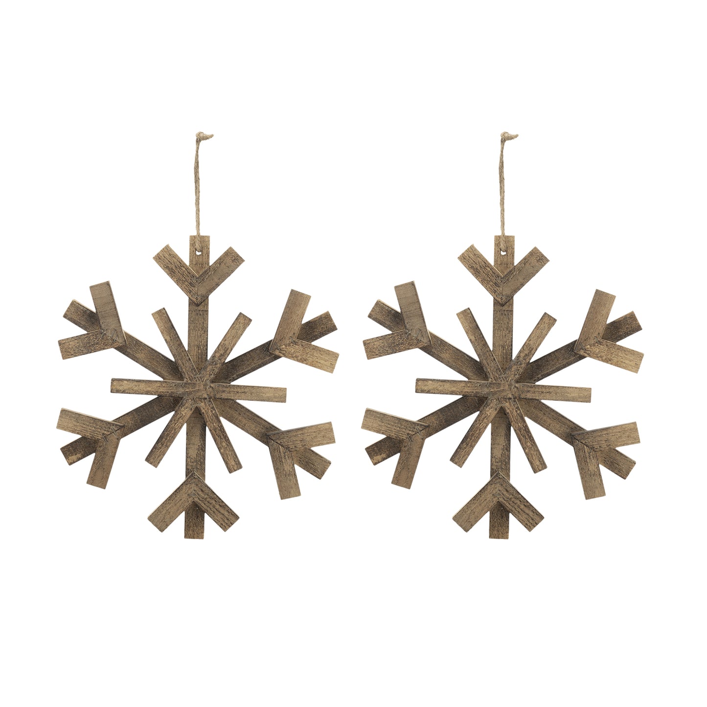Set of two rustic wooden snowflake ornaments perfect for winter decor