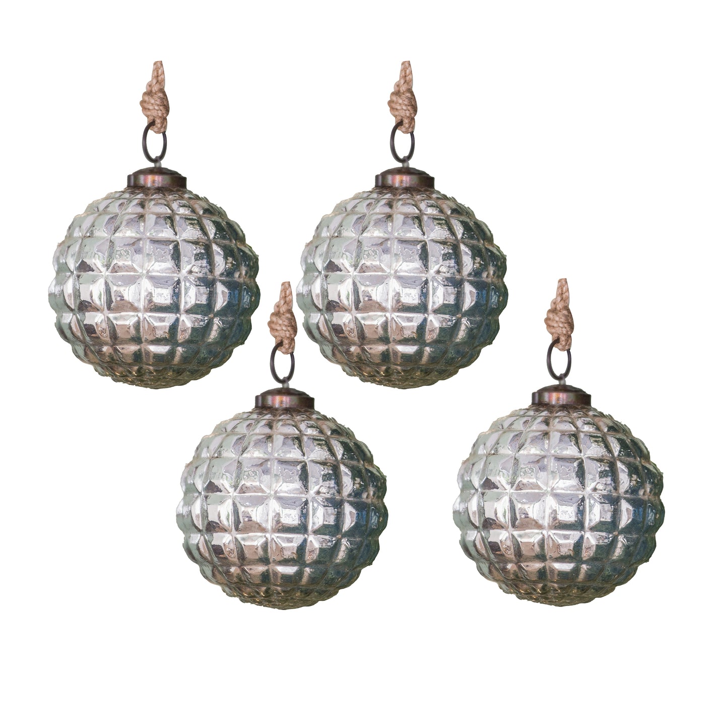 Four textured glass ornaments with rope hangers ideal for festive Christmas decor