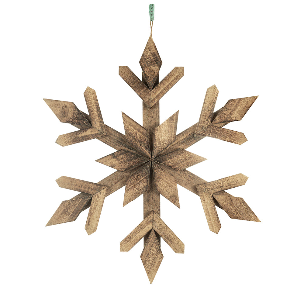 Rustic wooden snowflake ornament with a distressed finish perfect for winter decor