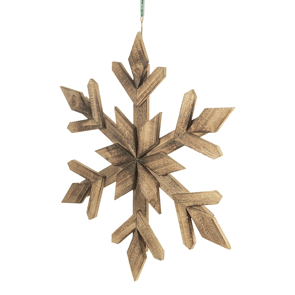 Rustic wooden snowflake Christmas ornament with intricate layered design